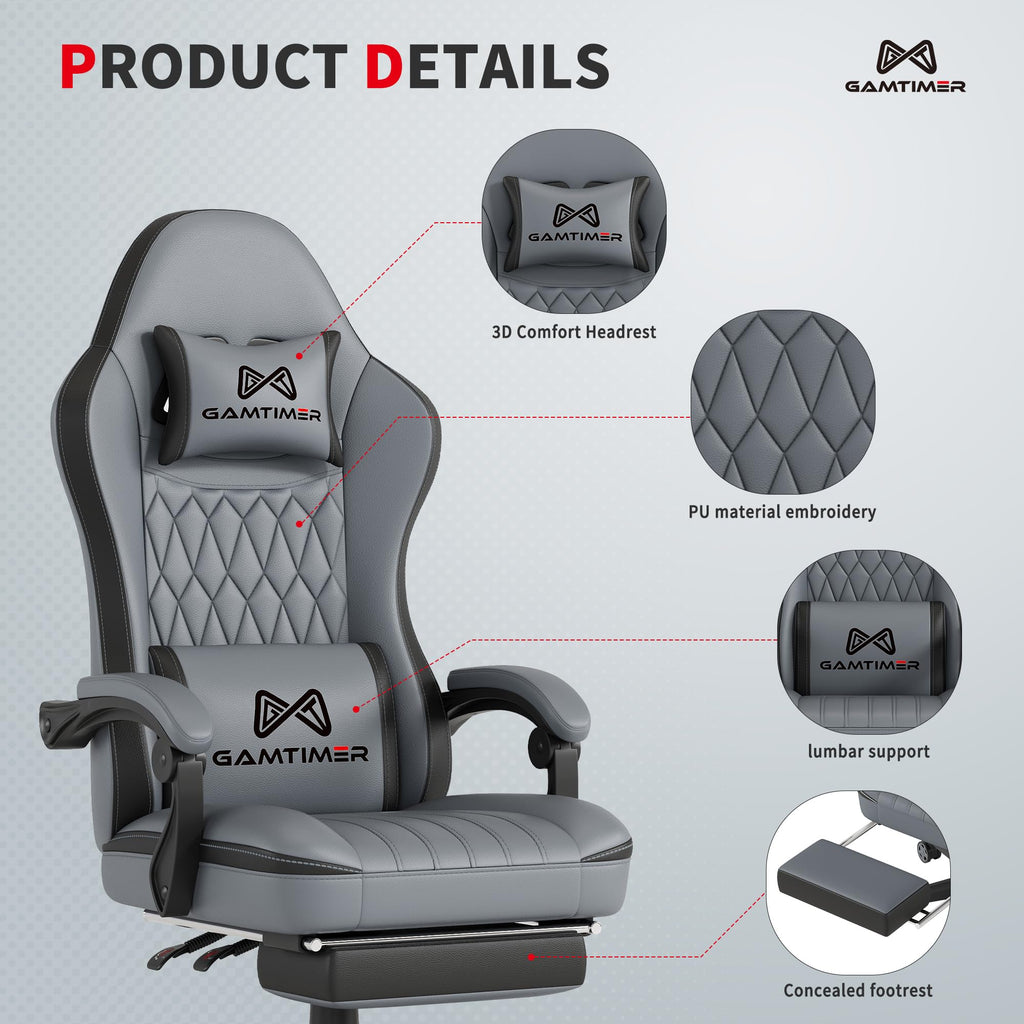 Gamtimer Gaming Chair with Footrest, Ergonomic Computer Chair, PU Breathable Material with Headrest and Lumbar Support, Suitable for Silla Gamer and Adults（Grey） - Flex Gamingproduct_type