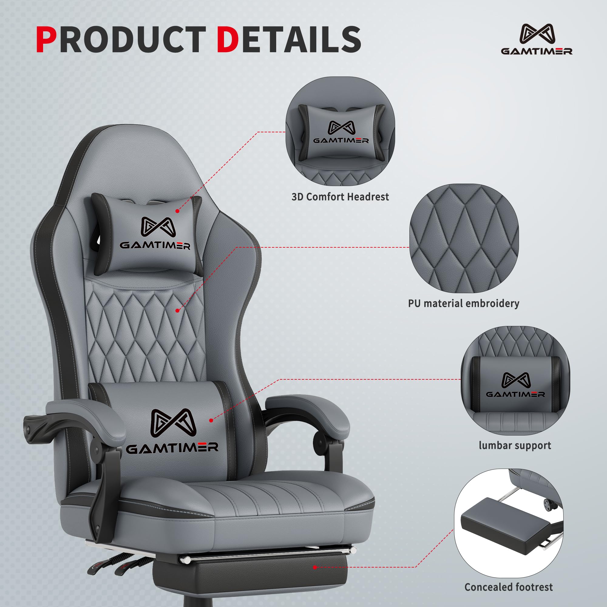 Gamtimer Gaming Chair with Footrest, Ergonomic Computer Chair, PU Breathable Material with Headrest and Lumbar Support, Suitable for Silla Gamer and Adults（Grey） - Flex Gamingproduct_type