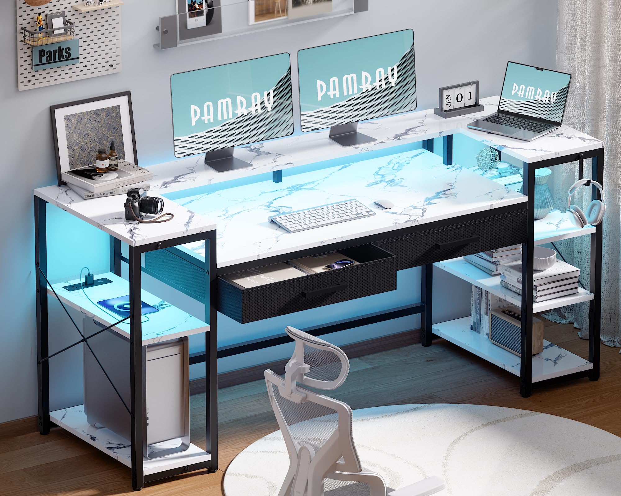 Pamray 58 Inch Computer Desk with Monitor Stand and Shelves Gaming Desk with LED Lights & Power Outlets PC Vanity Table with 2 Drawers for Home Office Black - Flex Gamingproduct_type