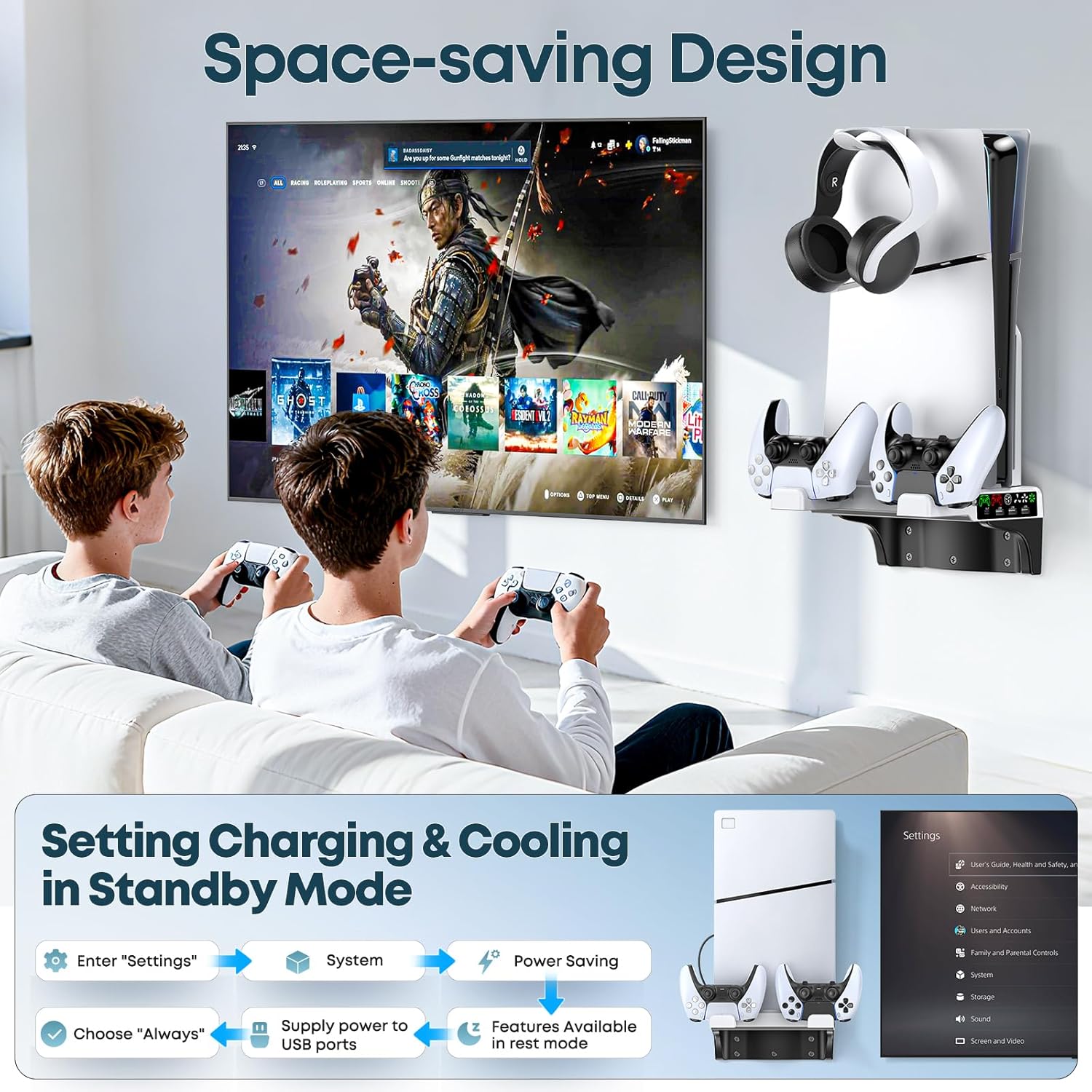 Tokluck PS5 Wall Mount Kit with Cooling Fan & Charging Station – 2 Sizes & 3 Colours