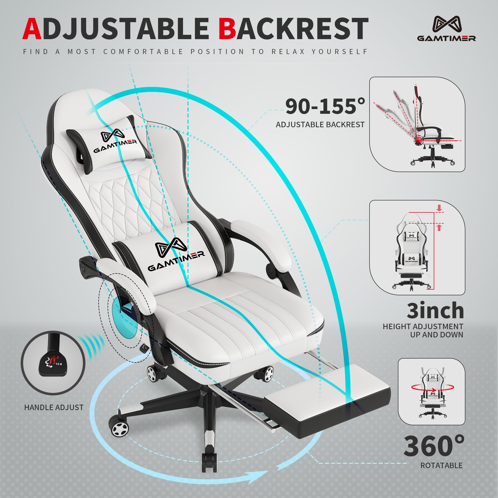 Gamtimer Gaming Chair with Footrest, Ergonomic Computer Chair, PU Breathable Material with Headrest and Lumbar Support, Suitable for Silla Gamer and Adults（Grey） - Flex Gamingproduct_type