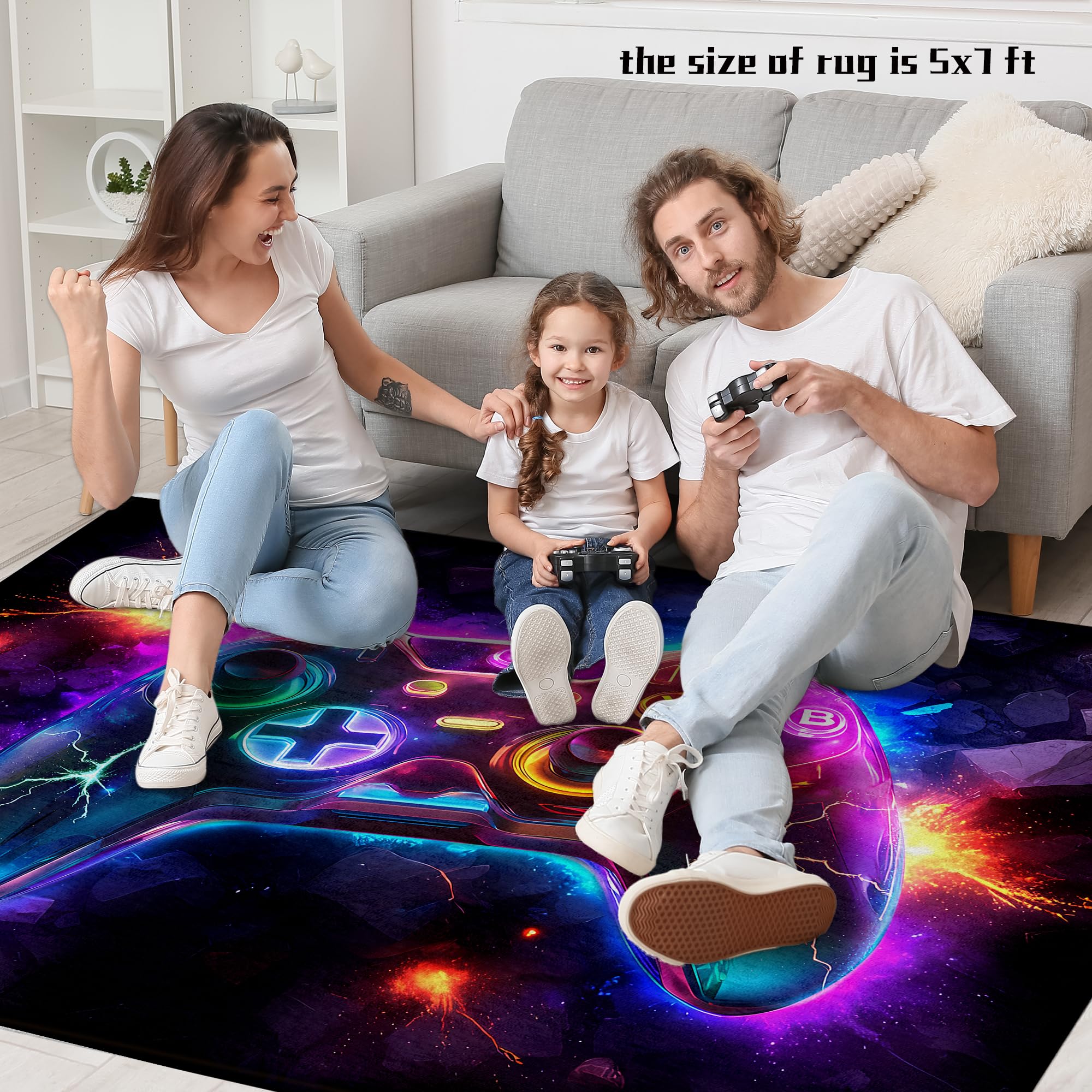 5x7 ft Neon Gaming Area Rug for Boys Room, Colorful Game Controller Carpet for Gamer Room Decor, Low Pile Non-Slip Video Game Rug for Teens Playroom or Game Zone - 03 - Flex Gamingproduct_type