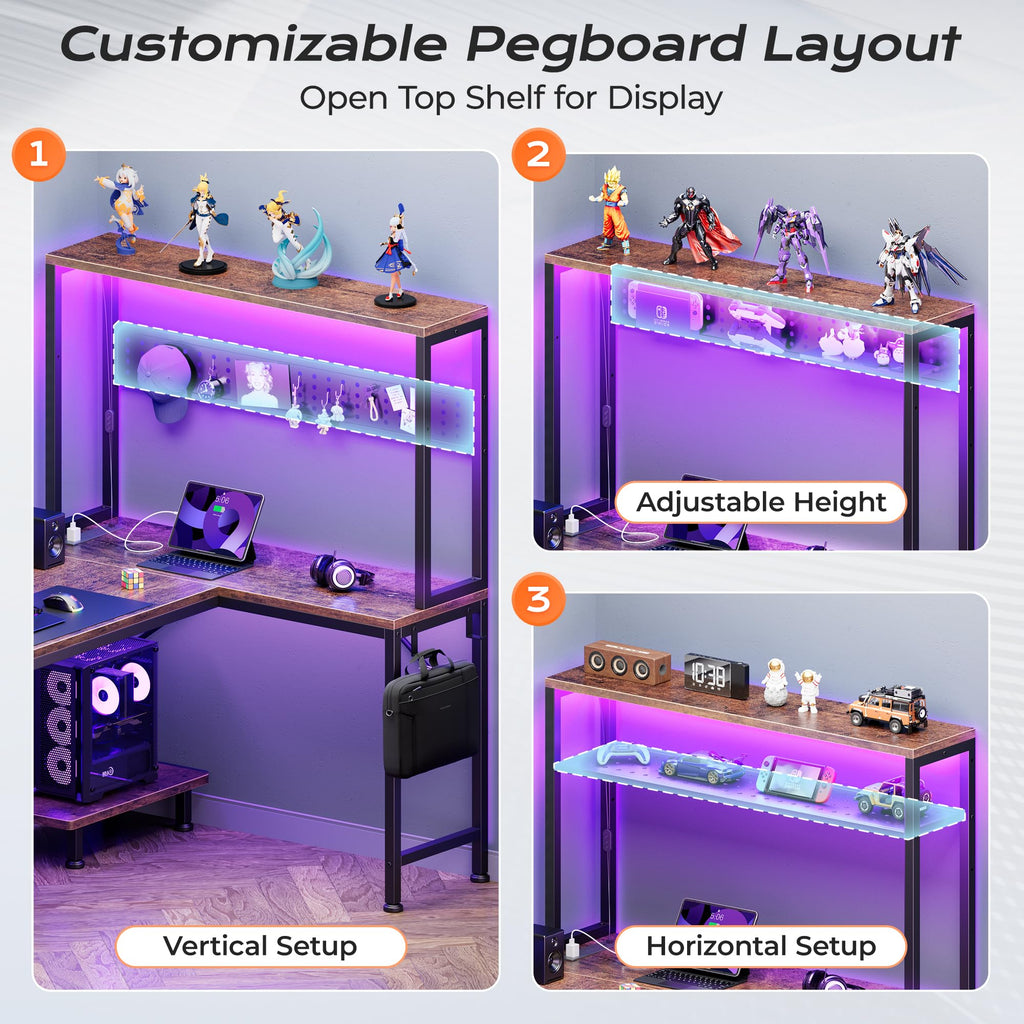 PRAISUN L Shaped Gaming Desk with LED Lights & Power Outlets, Reversible Computer Desk with Storage Shelves & Bag, Large Corner Home Office Desk with Pegboard for Work from Home, Black - Flex Gamingproduct_type