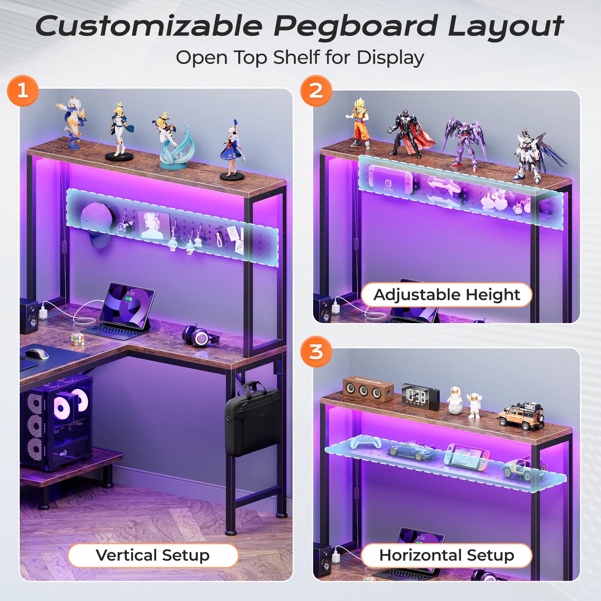 PRAISUN L Shaped Gaming Desk with LED Lights & Power Outlets, Reversible Computer Desk with Storage Shelves & Bag, Large Corner Home Office Desk with Pegboard for Work from Home, Black - Flex Gamingproduct_type