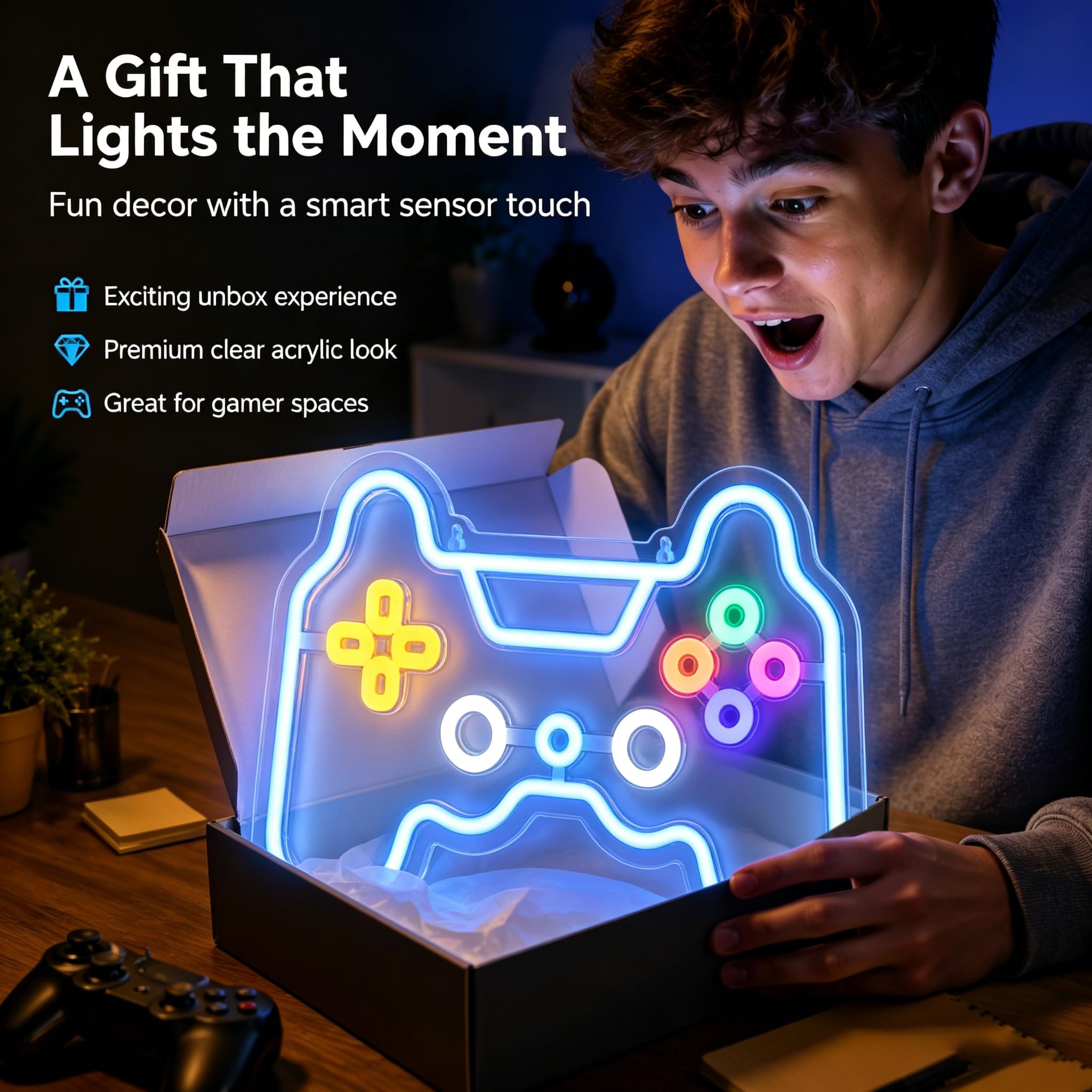 Motion Sensor Gamer Neon Sign Neon Light for Boys Room, Game Controller LED Sign for Gaming Room Decor,Neon Signs USB-Powered With Auto-on/off Switch,Gamer Gifts for Teens,Boys,Kids - Flex Gamingproduct_type