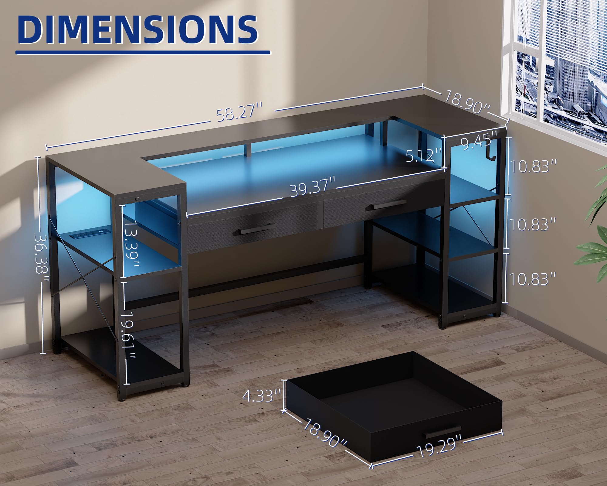 Pamray 58 Inch Computer Desk with Monitor Stand and Shelves Gaming Desk with LED Lights & Power Outlets PC Vanity Table with 2 Drawers for Home Office Black - Flex Gamingproduct_type