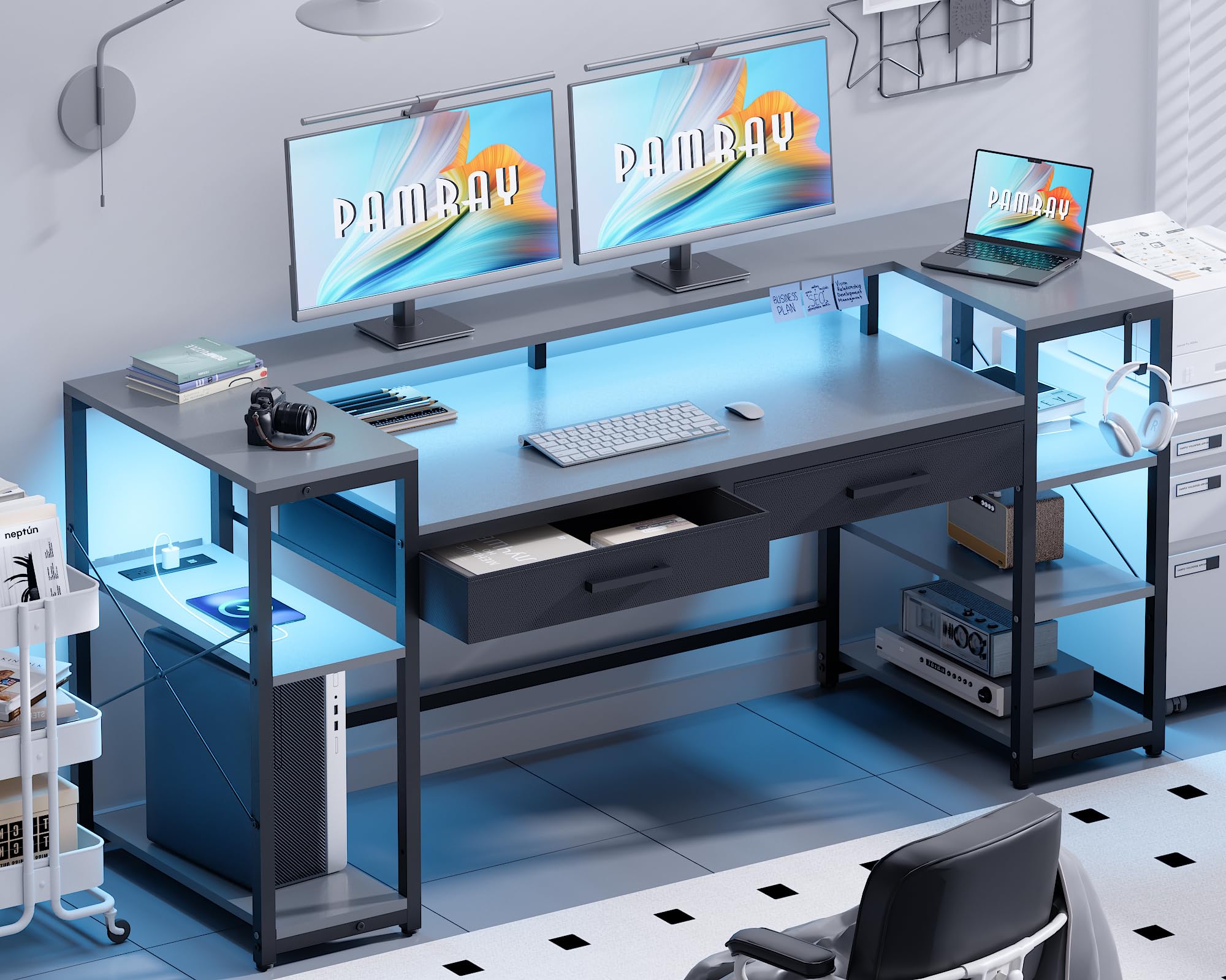 Pamray 58 Inch Computer Desk with Monitor Stand and Shelves Gaming Desk with LED Lights & Power Outlets PC Vanity Table with 2 Drawers for Home Office Black - Flex Gamingproduct_type
