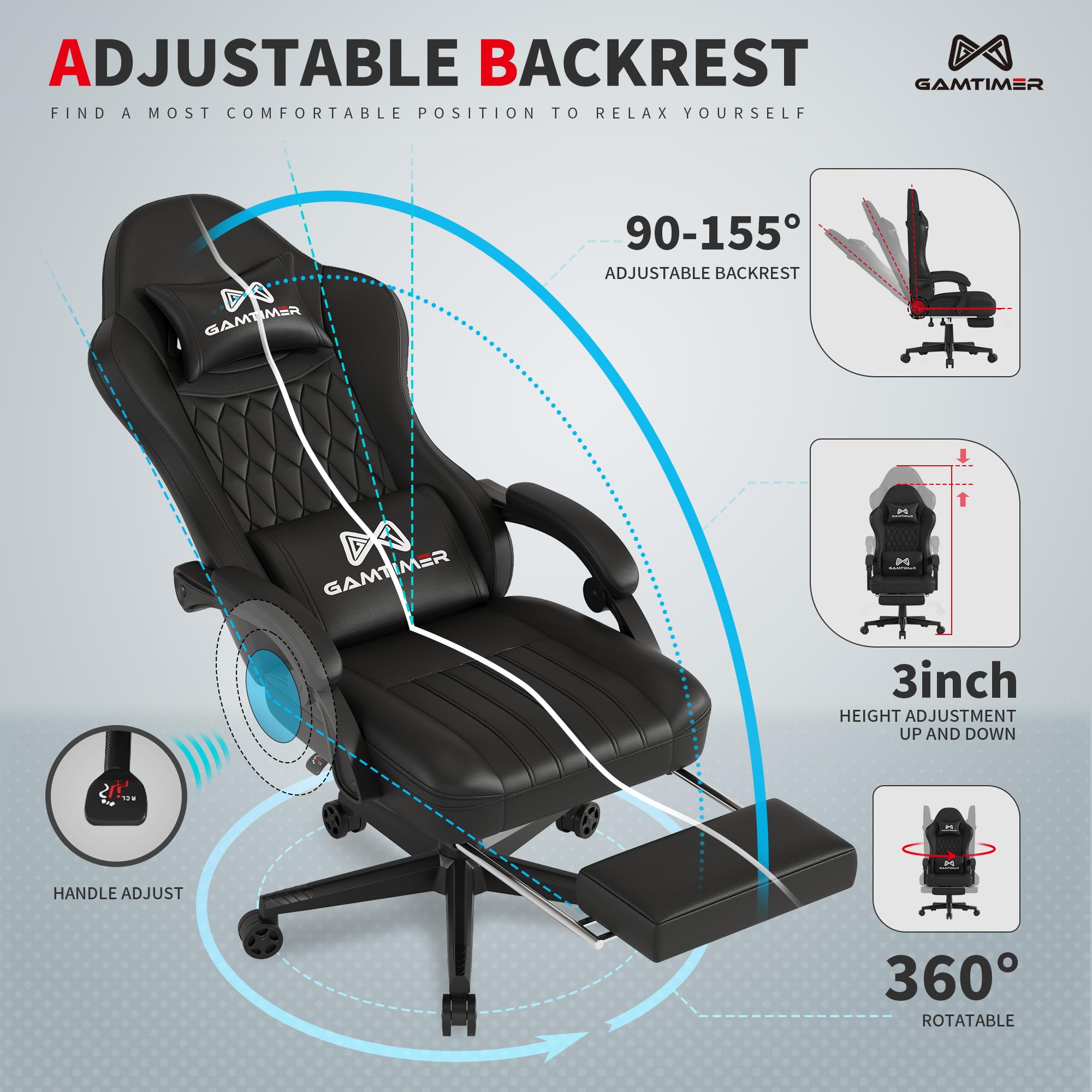 Gamtimer Gaming Chair with Footrest, Ergonomic Computer Chair, PU Breathable Material with Headrest and Lumbar Support, Suitable for Silla Gamer and Adults（Grey） - Flex Gamingproduct_type