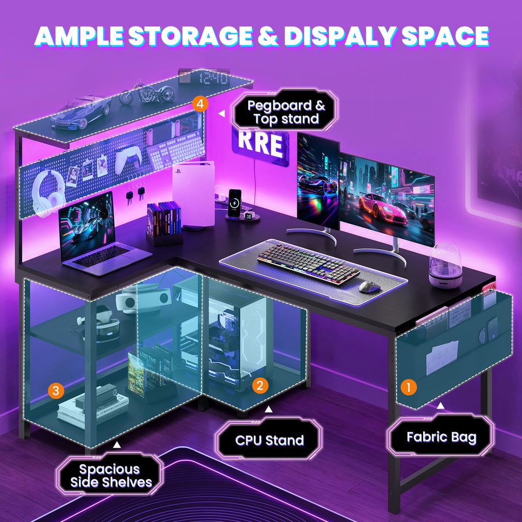 Apicizon L Shaped Desk Gaming Desk with LED Light & Power Outlet, 47 Inch Reversible Computer Desk with Pegboard & Shelf & Storage Bag for Home Office, Black - Flex Gamingproduct_type