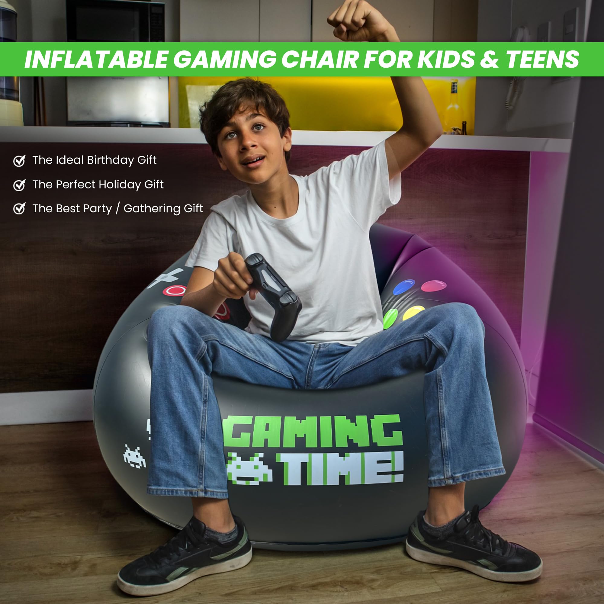 Inflatable Gaming Chair for Kids & Teens with Cup Holders and Side Pocket - This Air Gaming Bean Bag Chairs for kids is The Perfect Furniture for Gamer Room Decor - Perfect Gaming Stuff for boys 4-12 - Flex Gamingproduct_type