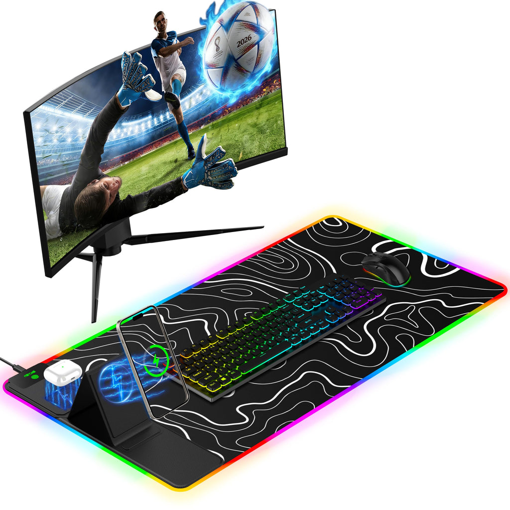 XXL Mouse Pad with Phone Holder - Black, RGB Desk Mat with 15W Fast Charging, LED Gaming Mousepad with 11 Light Colors, Waterproof Non-Slip Pad for Office & Home (Wave) - Flex Gamingproduct_type
