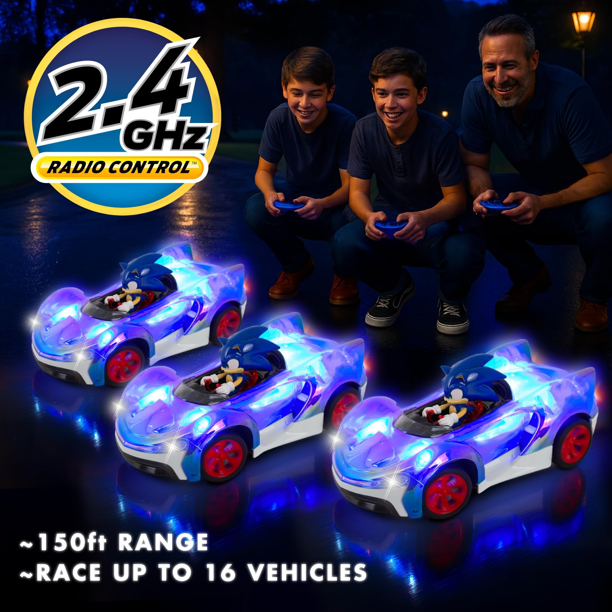 NKOK Sonic RC Car Glow Racer – Light-Up Remote Control Car, 1/28 Scale | Official Sonic the Hedgehog RC Toy with Easy Controls, Indoor & Outdoor Racing Fun, Collectible Design & Kids Gift, Ages 6+