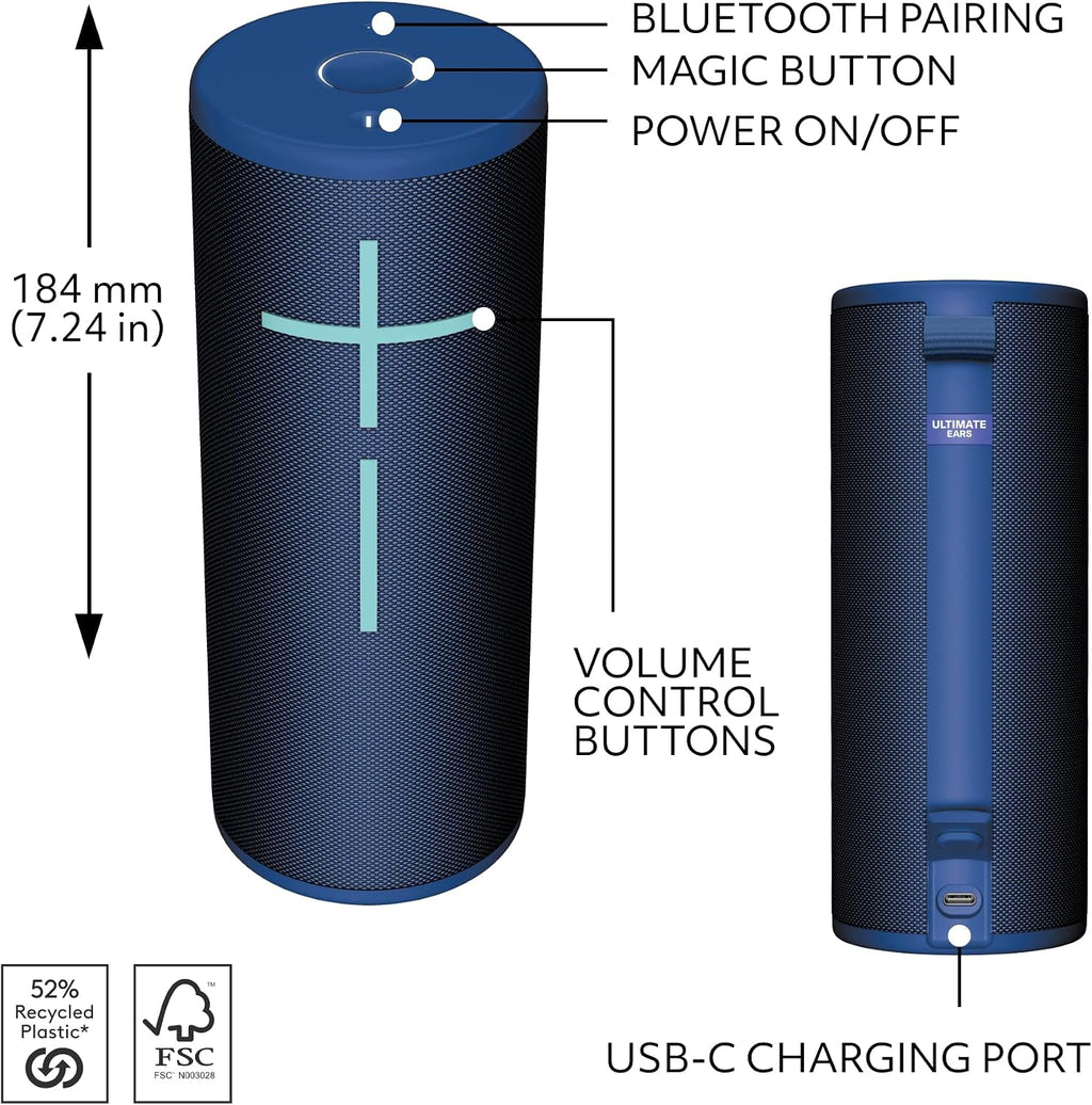 Ultimate Ears Boom 4 Portable Bluetooth Speaker, Waterproof - Blue | Balanced 360-degree sound, clear audio, deep bass, floating design, 15-hour battery life, 147ft (45m) wireless range