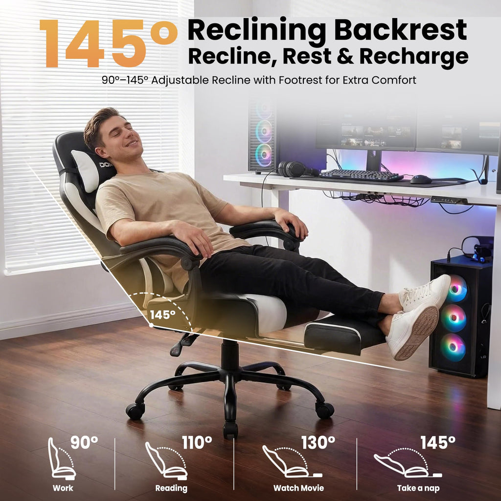 Gaming Chair Gamer Game Ergonomic with Footstool Lumbar Support Deep Black | Headrest, Height and Backrest Adjustable, Deep Black Leather, 210 KG Heavy Duty Load Capacity 52cm Wingless Cushion - Flex Gamingproduct_type