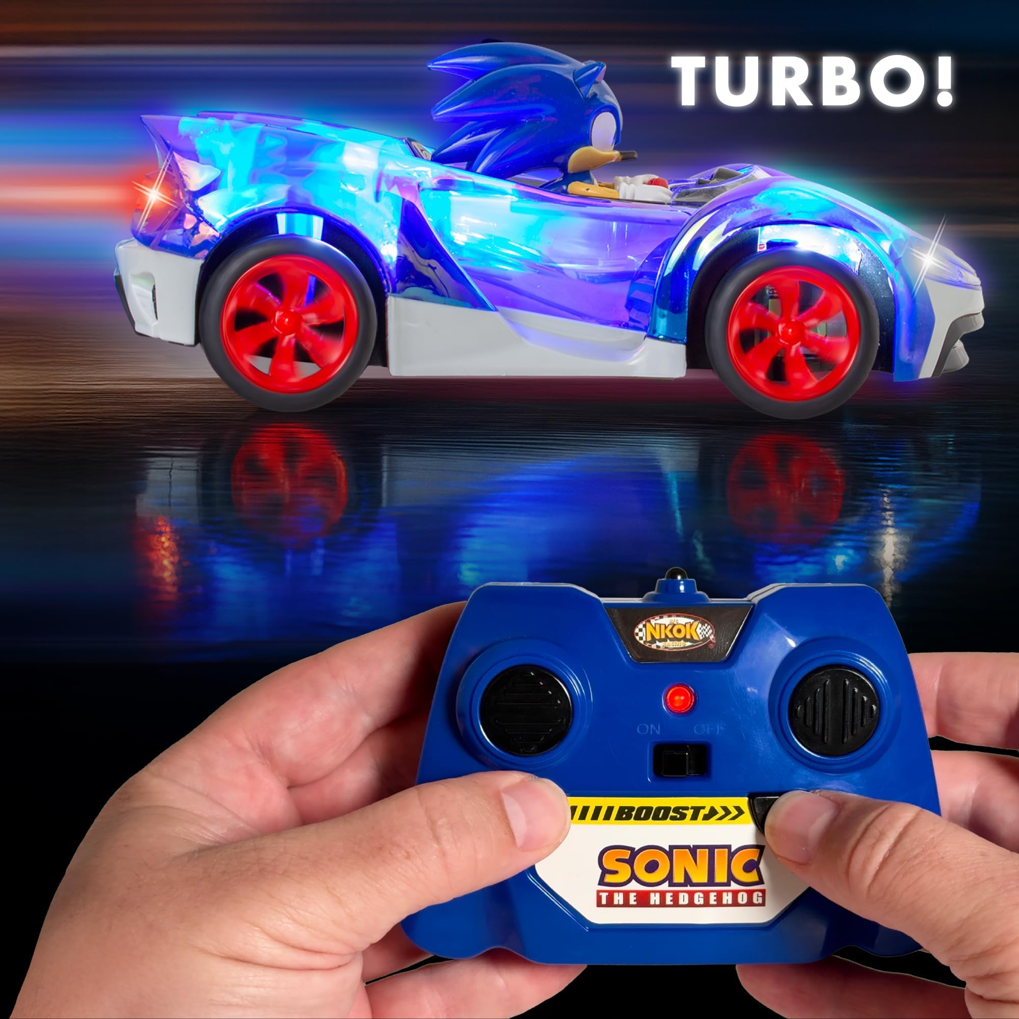 NKOK Sonic RC Car Glow Racer – Light-Up Remote Control Car, 1/28 Scale | Official Sonic the Hedgehog RC Toy with Easy Controls, Indoor & Outdoor Racing Fun, Collectible Design & Kids Gift, Ages 6+