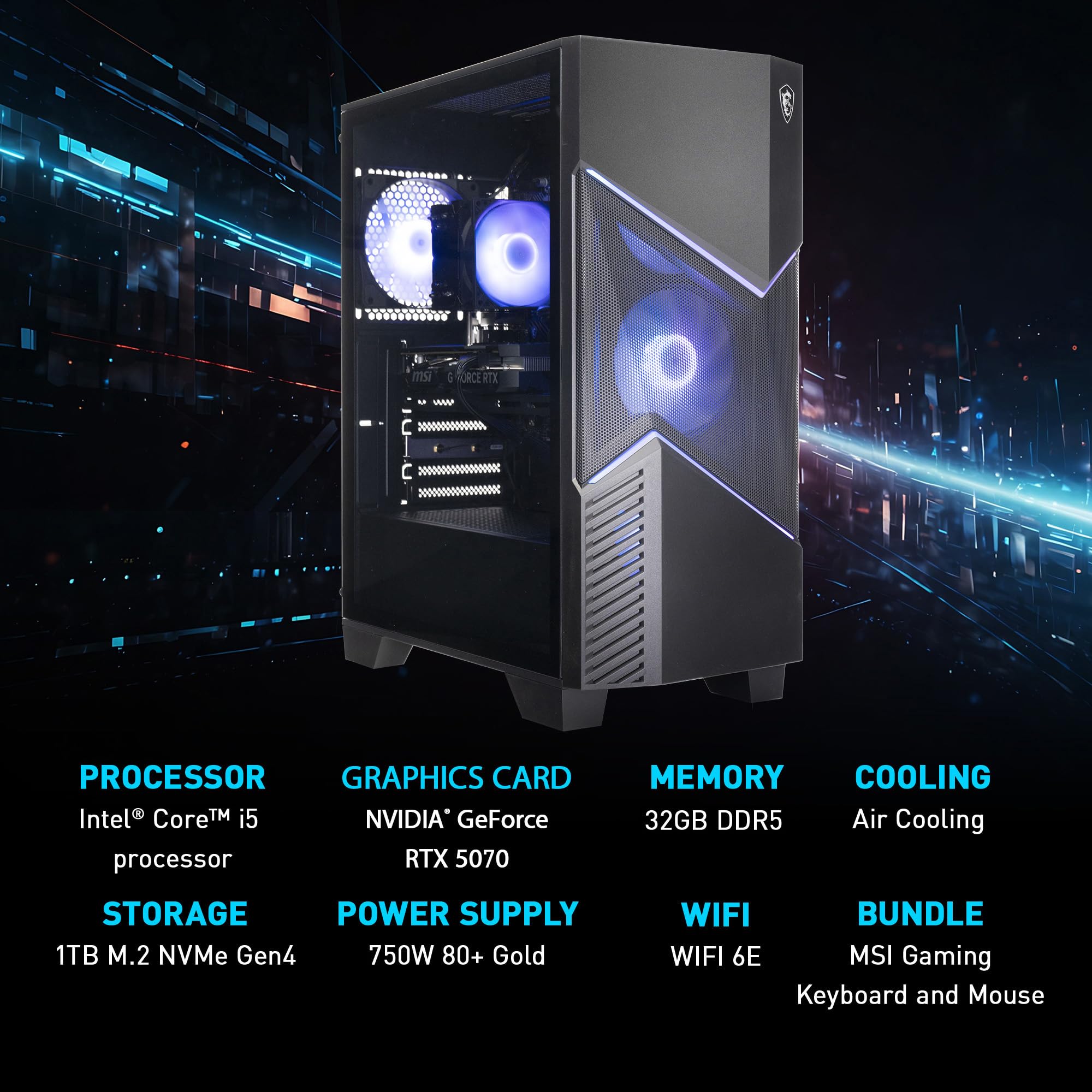 msi Codex R2 Gaming Desktop PC | NVIDIA GeForce RTX 5070 12GB | Intel Core i5-14400F | 32GB DDR5 RAM | 1TB NVMe SSD | Air Cooling | Wi-Fi 6E | Windows 11 Home | VR Ready | D14NVP5-613US - Flex Gamingproduct_type
