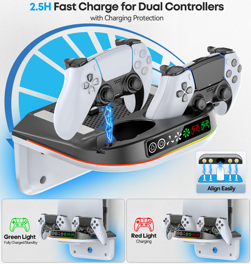 Tokluck PS5 Wall Mount Kit with Cooling Fan & Charging Station – 2 Sizes & 3 Colours