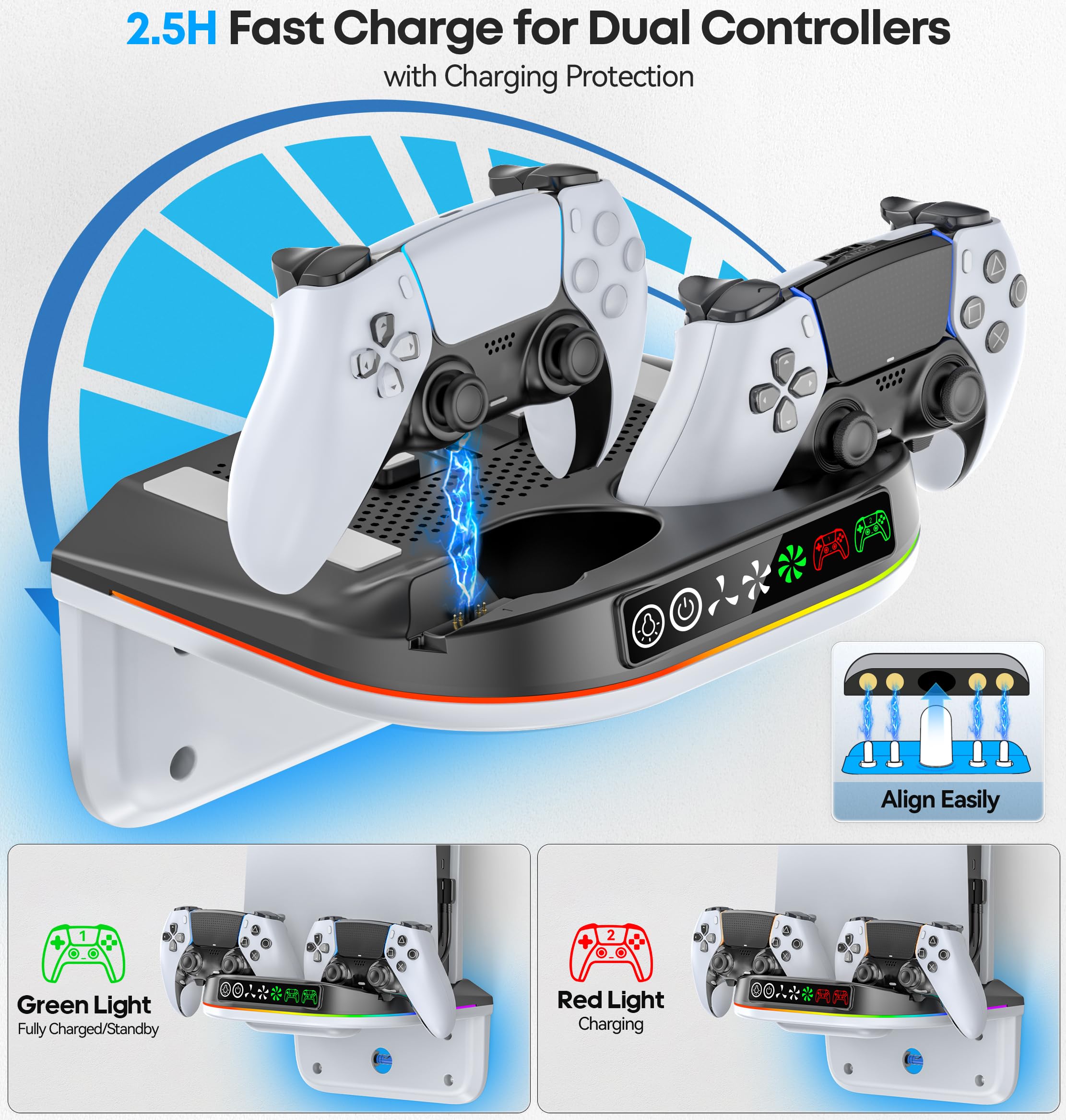 Tokluck PS5 Wall Mount Kit with Cooling Fan & Charging Station – 2 Sizes & 3 Colours