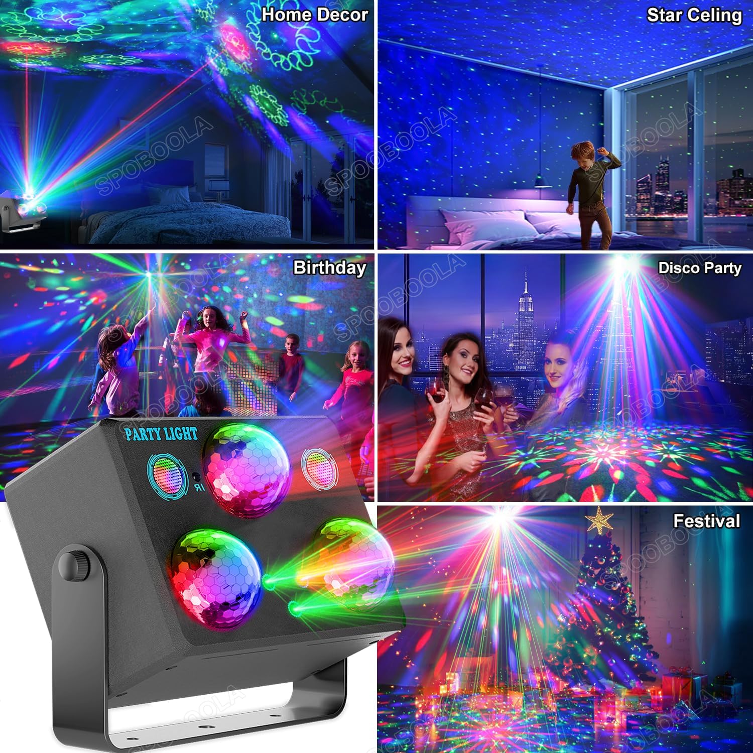 Party Lights,Disco DJ Strobe Light Rave Stage Projector Effect Dance Club Light Sound Activated with Remote Control for Parties Home Show KTV Pub Dance Christmas