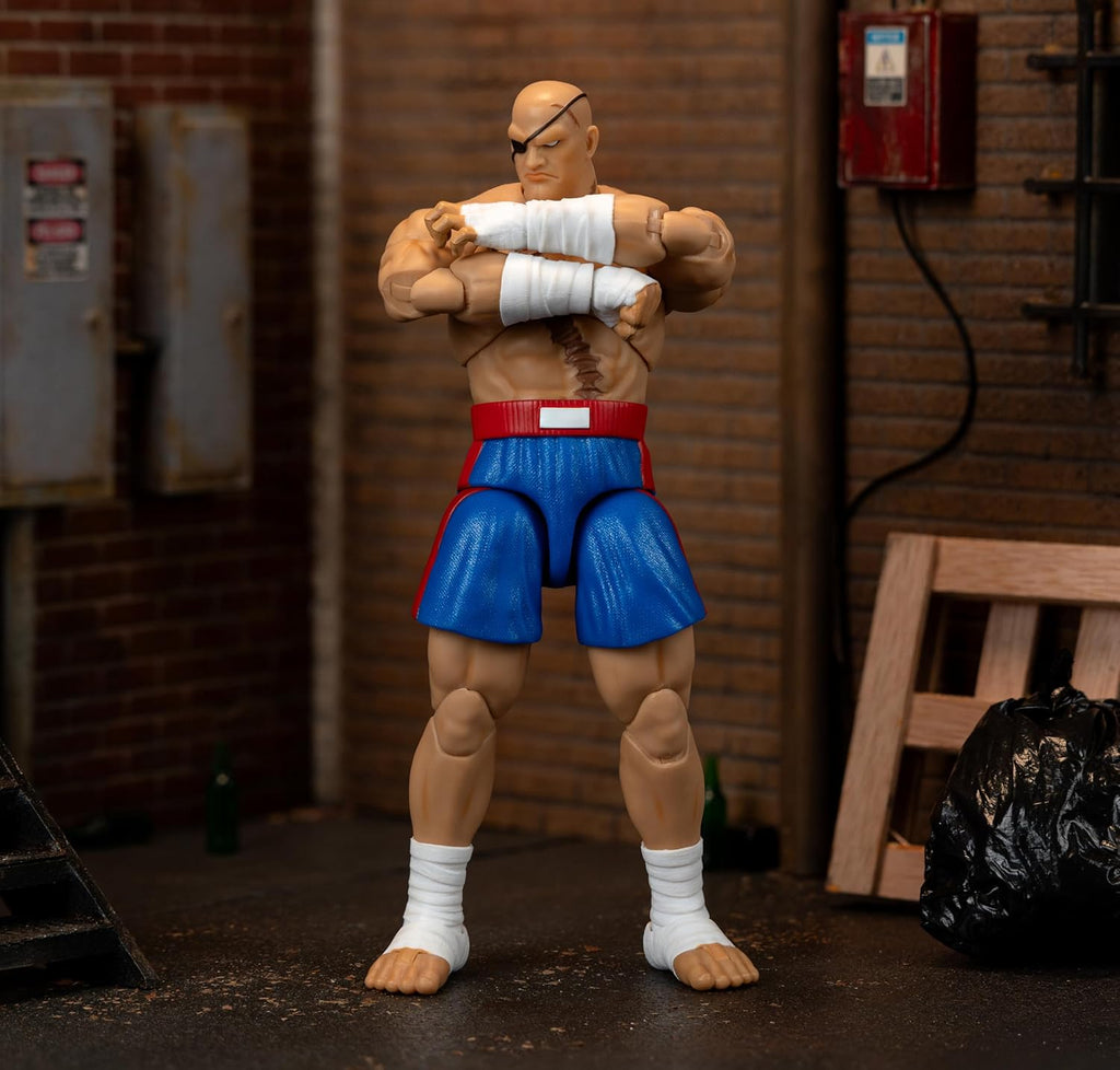 Jada Street Fighter II Sagat Deluxe 1:12 Scale Action Figure - Highly Articulated, Tiger Shot Accessory & Stand, 7.6" Tall | Highly articulated, Tiger Shot accessory and stand