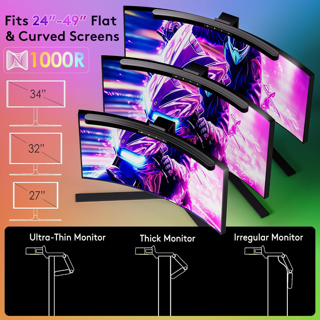 Quntis 17.7'' Curved Monitor Light Bar RGB Backlight with Music Sync, Black | Gaming & Home Office, Ra95 Eye-Care, 23 RGB Effects, Touch & Remote Control, 17–34" Curved & Flat Monitors, Webcam Compatible