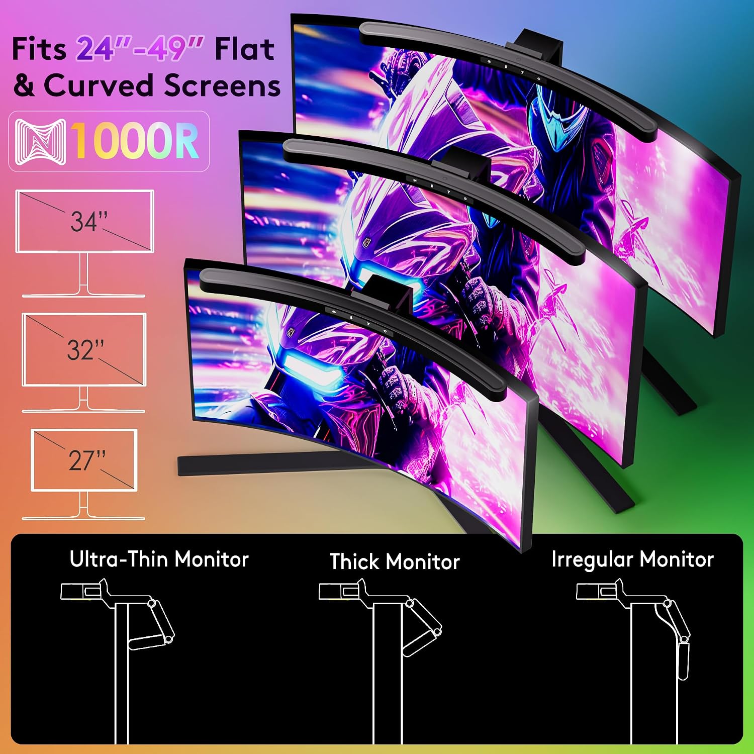 Quntis 17.7'' Curved Monitor Light Bar RGB Backlight with Music Sync, Black | Gaming & Home Office, Ra95 Eye-Care, 23 RGB Effects, Touch & Remote Control, 17–34" Curved & Flat Monitors, Webcam Compatible