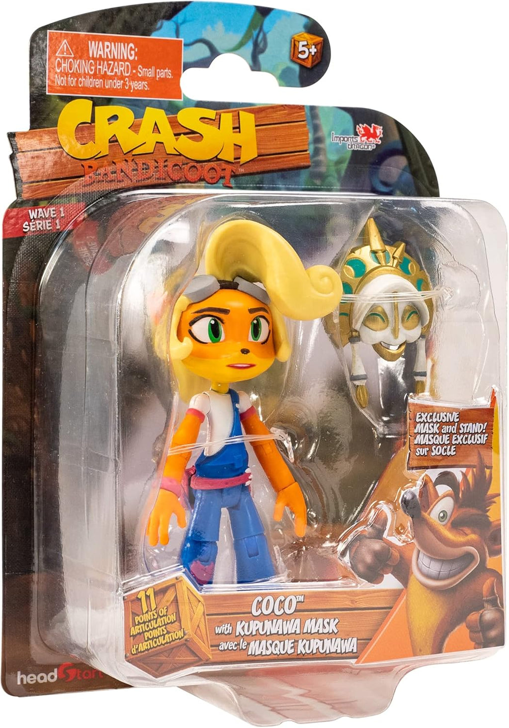BANDAI Crash Bandicoot Action Figures Coco Bandicoot with Mask | 11cm Coco Bandicoot Toy with Mask and Stand Accessories | Collectable Figures As Merchandise and Video Game Gifts,Blue,White