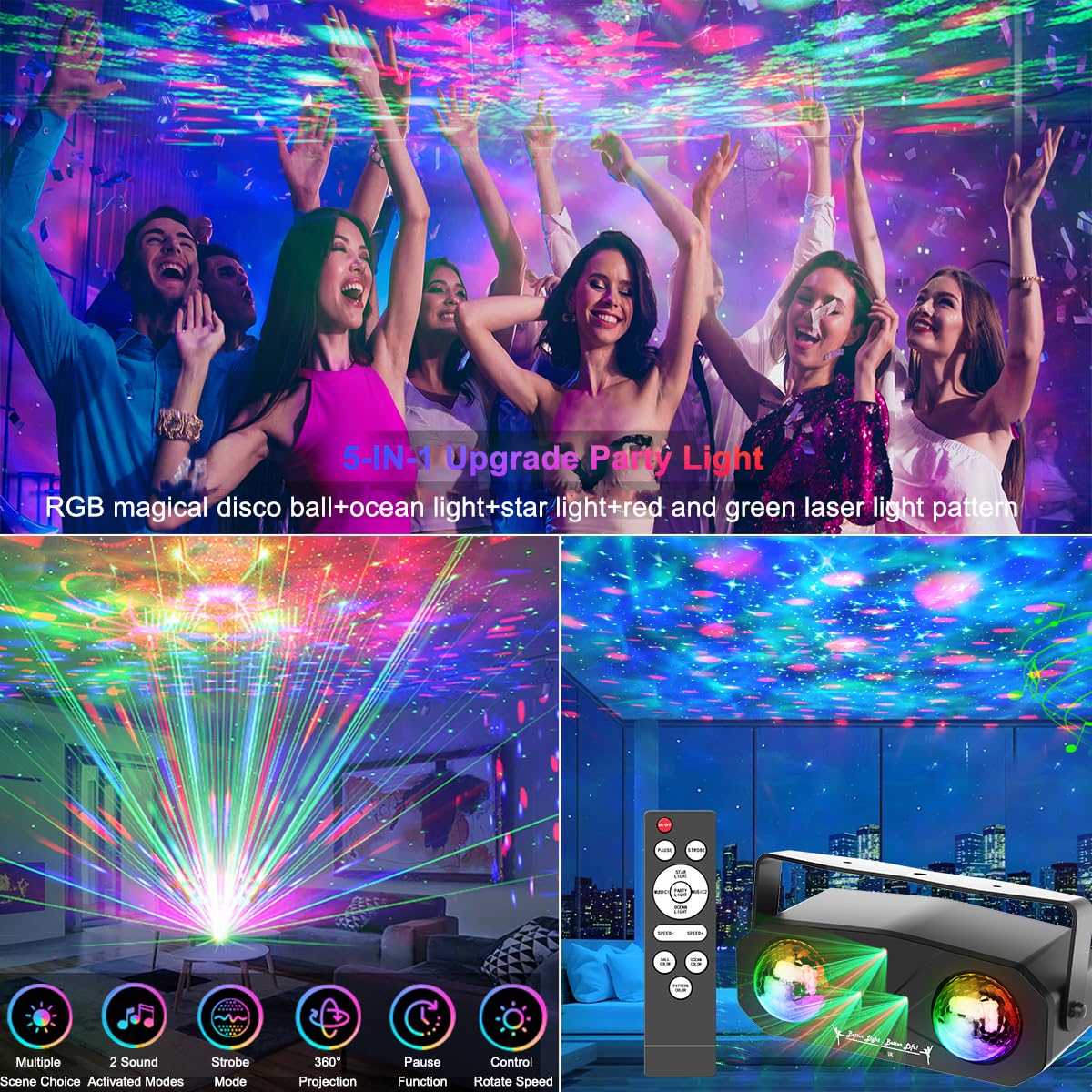 Party Lights,Disco DJ Strobe Light Rave Stage Projector Effect Dance Club Light Sound Activated with Remote Control for Parties Home Show KTV Pub Dance Christmas
