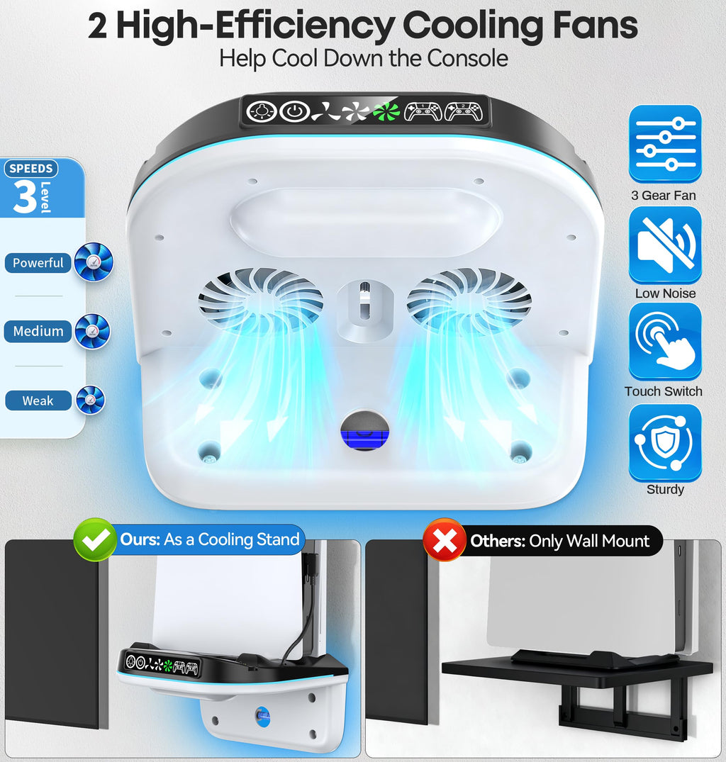 Tokluck PS5 Wall Mount Kit with Cooling Fan & Charging Station – 2 Sizes & 3 Colours