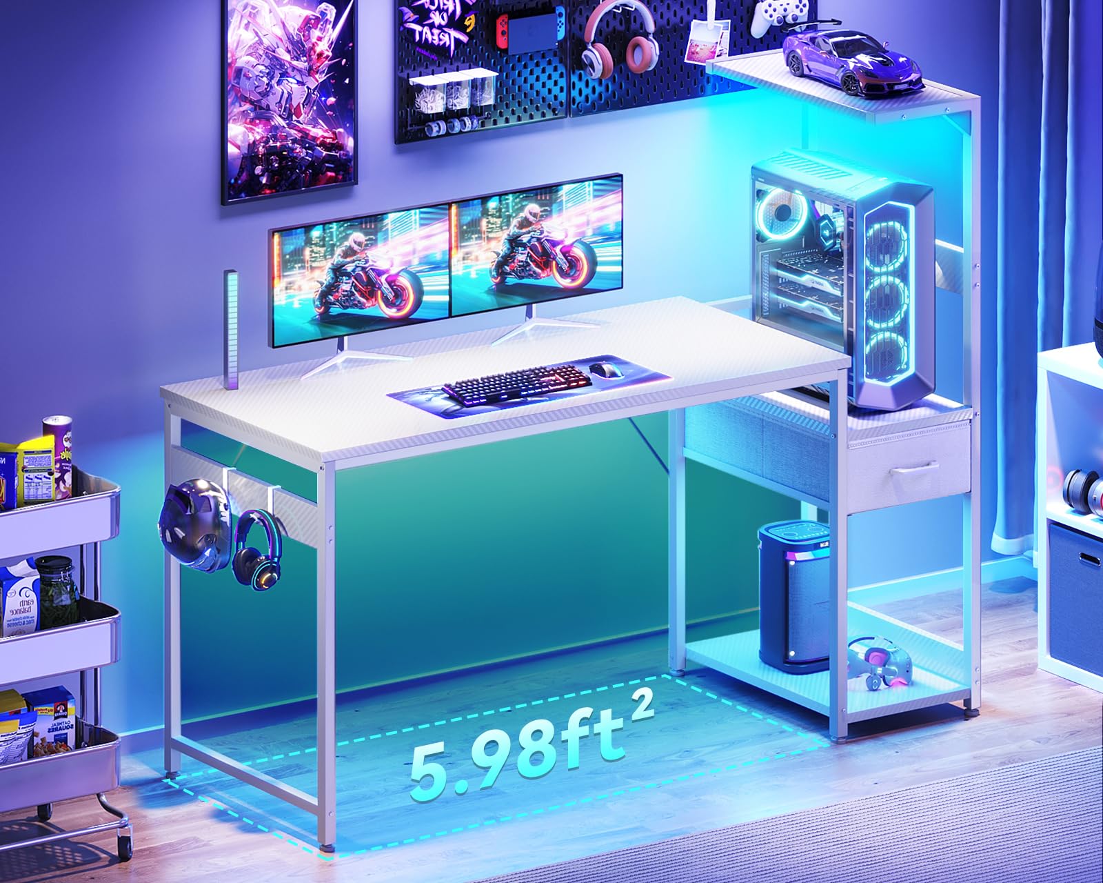 Casaottima 48'' Gaming Desk with LED Lights & CPU Stand, Reversible Computer Desk with Storage Shelves & Fabric Drawer, Modern PC Gamer Table with Headphone Hook, Carbon Fiber Black - Flex Gamingproduct_type