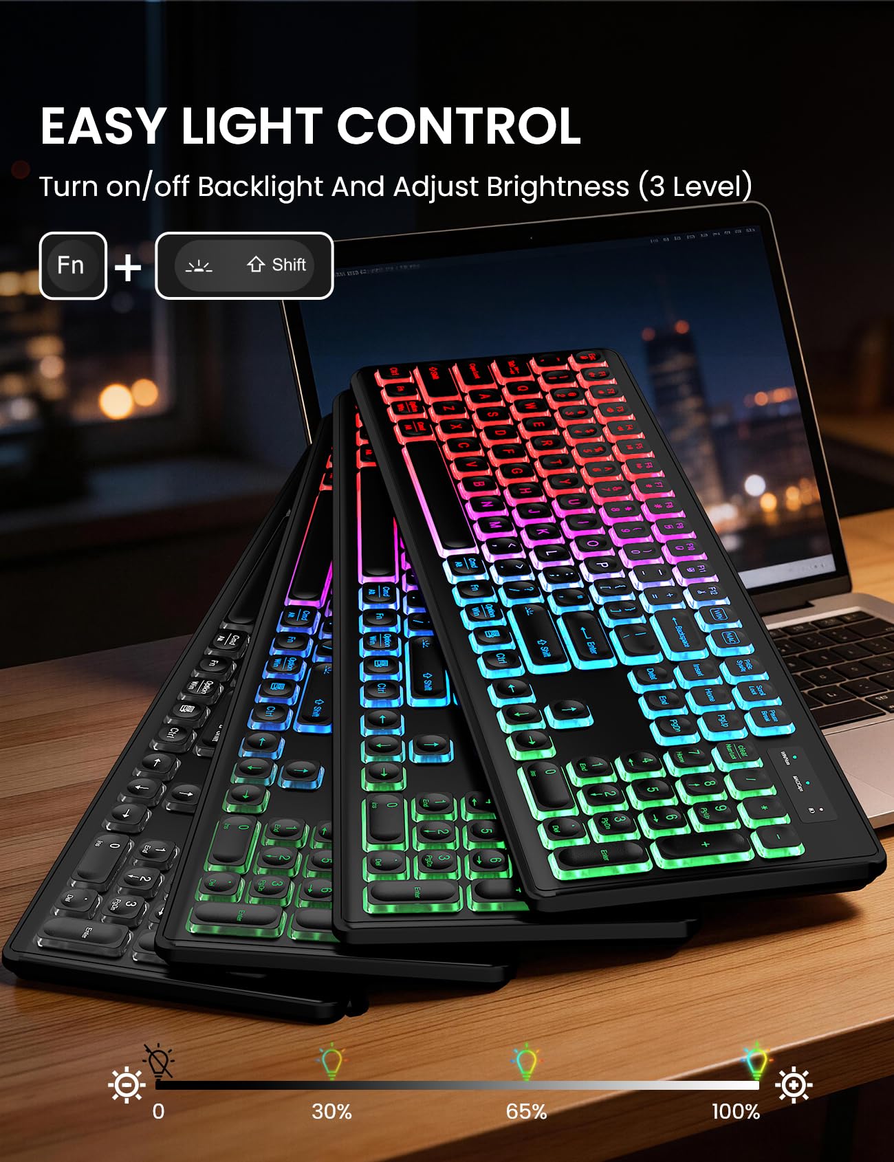 Wireless Keyboard and Mouse Combo, RGB Backlit, Rechargeable & Light Up Letters, Full-Size, Soft Typing, Sleep Mode, 2.4GHz Quiet Keyboard Set for Mac, Windows, Laptop, PC, Trueque KM42Pro (Black) - Flex Gamingproduct_type