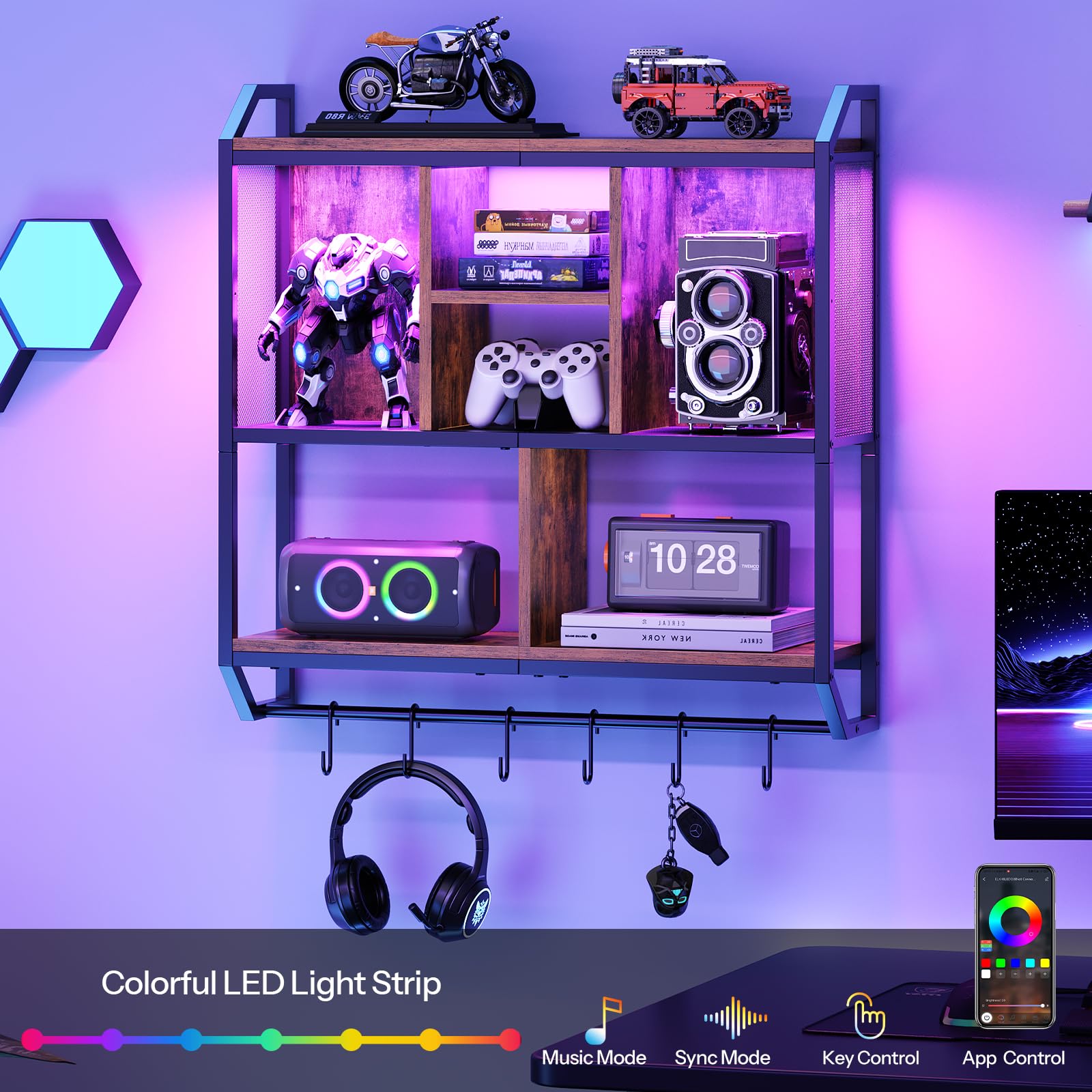 HOOBRO Gaming Floating Shelves with LED Lights, 28.7" LED Wall Mounted Shelf, 3-Tier Display Rack for Wall Storage, Floating Rack with Hanging Rod and 6 S-Hooks, for Gaming Room, Black BB70DBJ01 - Flex Gamingproduct_type