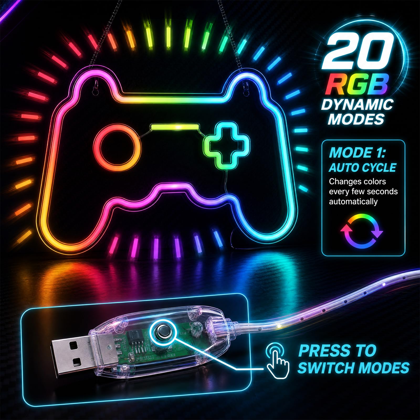 RGB Smiley Neon Sign, USB Powered 20+ Dynamic Modes Color Changing LED Neon Light for Wall Decor, Perfect for Bedroom Gaming Room Party Birthday Celebration Present for Teens Girls - Flex Gamingproduct_type