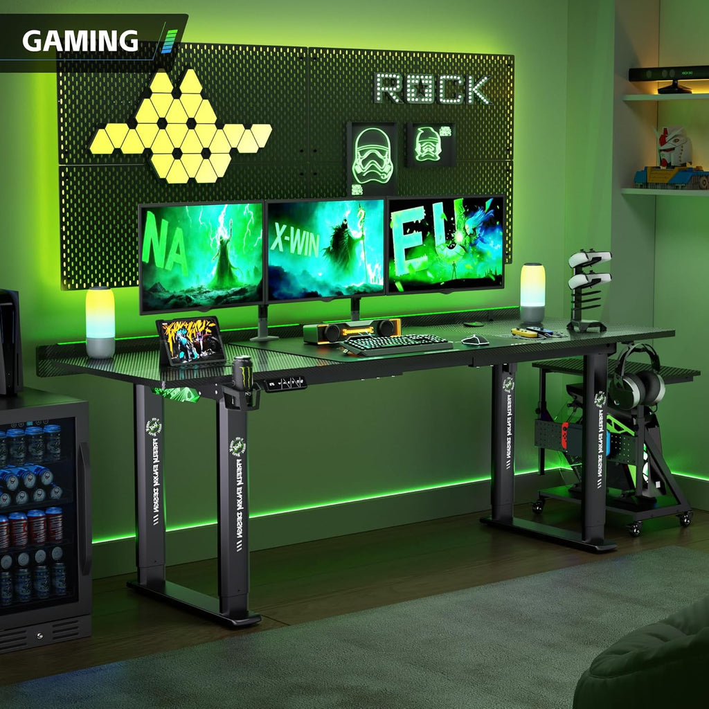 71" Gaming Standing Desk for Gamers & Streamers, 4-Leg Electric Sit Stand Desk with LED Lights, Flip-Top Cable Management, Stable Computer Desk with Wheels - Flex Gamingproduct_type