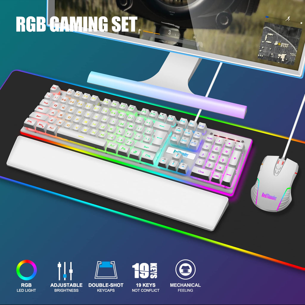 RedThunder K10 Wired Gaming Keyboard and Mouse and Wrist Rest Combo, RGB Backlit, Mechanical Feel Anti-ghosting Keyboard + 7D 7200 DPI Mice+Soft Leather Wrist Rest 3 in 1 PC Gamer Accessories(Black) - Flex Gamingproduct_type