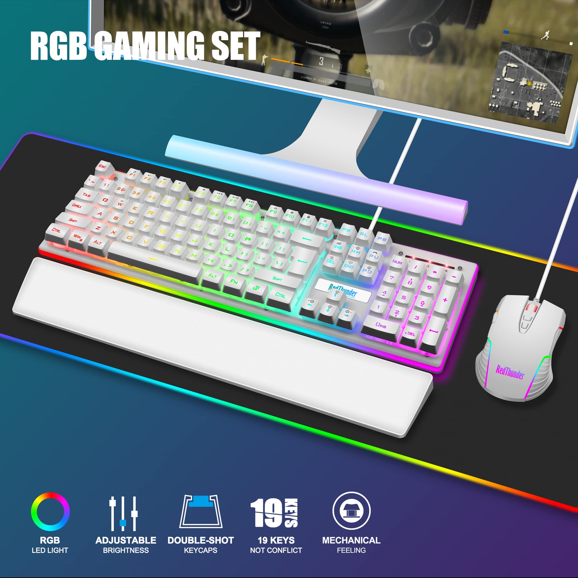 RedThunder K10 Wired Gaming Keyboard and Mouse and Wrist Rest Combo, RGB Backlit, Mechanical Feel Anti-ghosting Keyboard + 7D 7200 DPI Mice+Soft Leather Wrist Rest 3 in 1 PC Gamer Accessories(Black) - Flex Gamingproduct_type