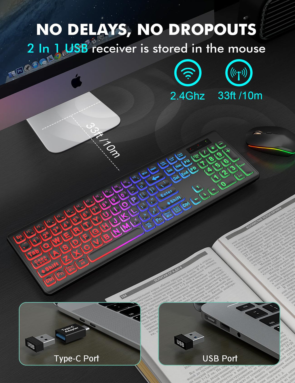 Wireless Keyboard and Mouse Combo, RGB Backlit, Rechargeable & Light Up Letters, Full-Size, Soft Typing, Sleep Mode, 2.4GHz Quiet Keyboard Set for Mac, Windows, Laptop, PC, Trueque KM42Pro (Black) - Flex Gamingproduct_type