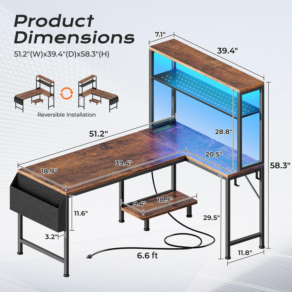 PRAISUN L Shaped Gaming Desk with LED Lights & Power Outlets, Reversible Computer Desk with Storage Shelves & Bag, Large Corner Home Office Desk with Pegboard for Work from Home, Black - Flex Gamingproduct_type