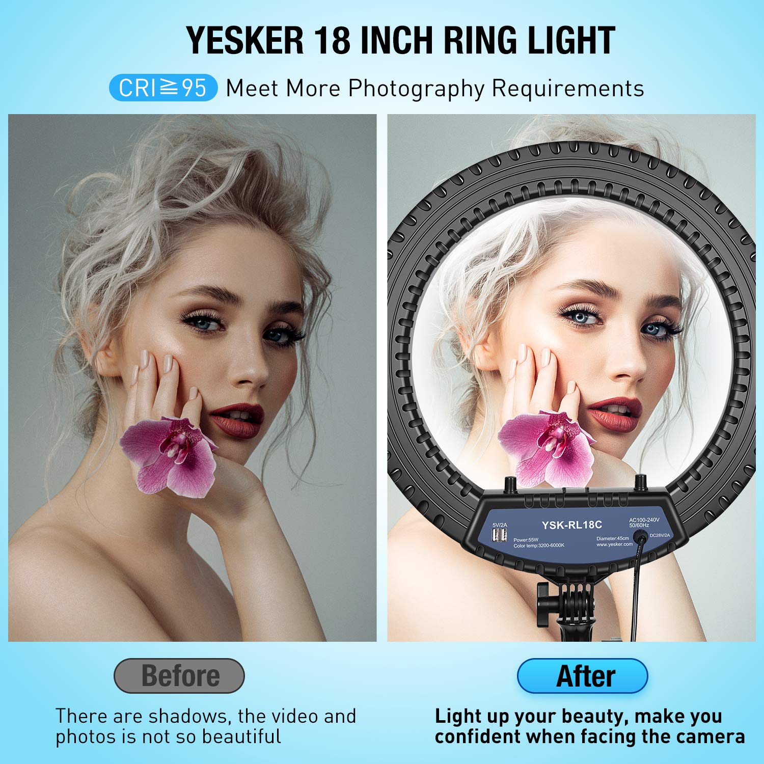 Yesker Ring Light with Tripod Stand and Phone Holder 18 Inch RGB Ringlight 25 RGB Modes Bi-Color Adjustable 2700–7000K LED Selfie Halo Light Kit for Live Stream Photography Zoom Makeup Youtobe Tiktok