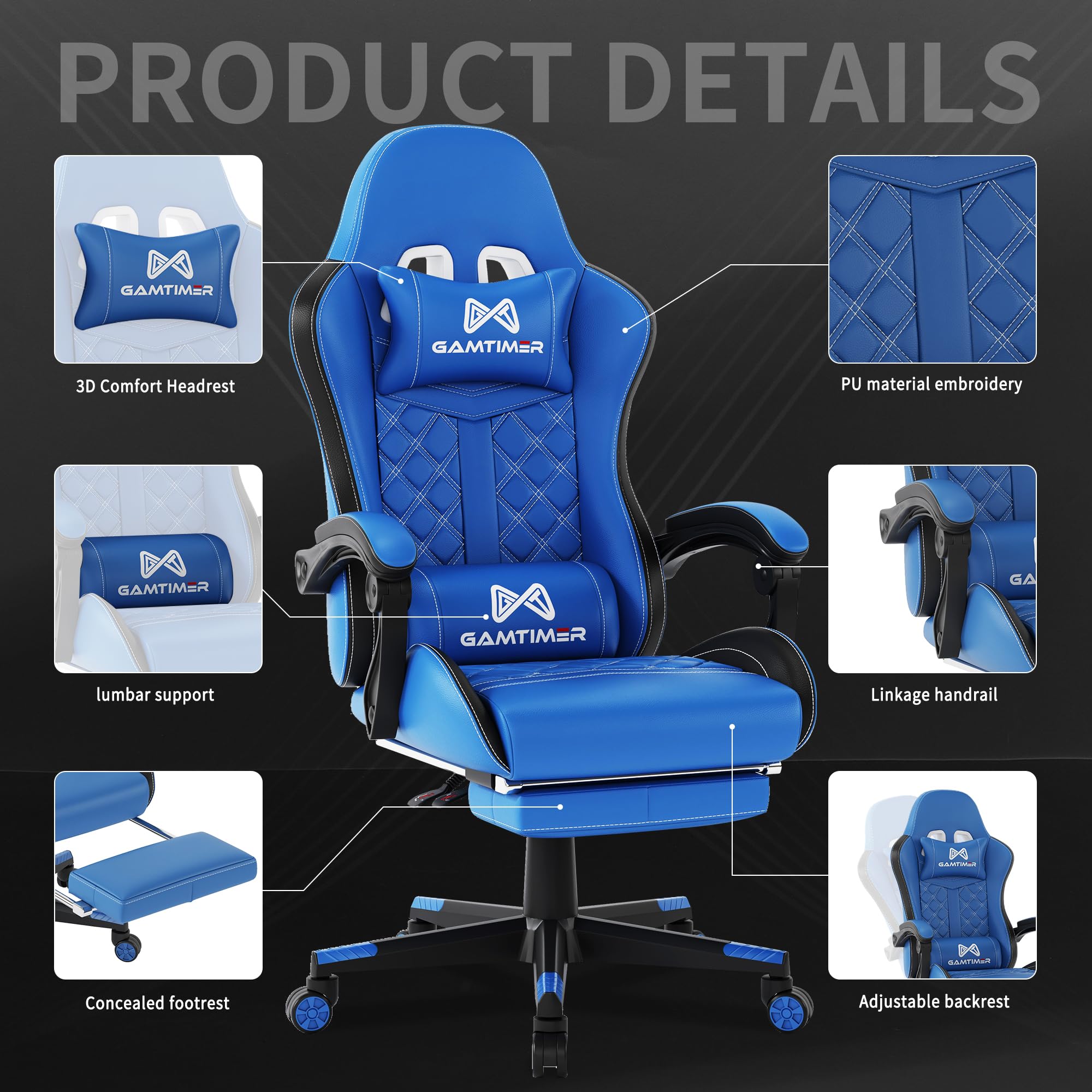 Gamtimer Gaming Chair, 400 LB Weight Capacity,with Pocket Spring Cushion | Ergonomic Backrest Office Chair,Leather, with Headrest and Lumbar Support, Footrest, Suitable for Adults(Blue) - Flex Gamingproduct_type