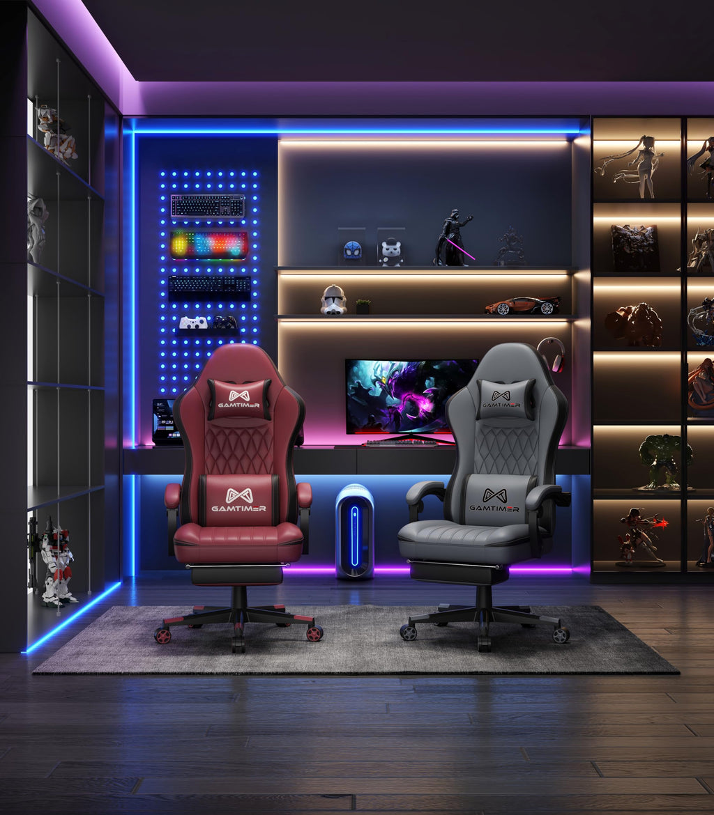 Gamtimer Gaming Chair with Footrest, Ergonomic Computer Chair, PU Breathable Material with Headrest and Lumbar Support, Suitable for Silla Gamer and Adults（Grey） - Flex Gamingproduct_type