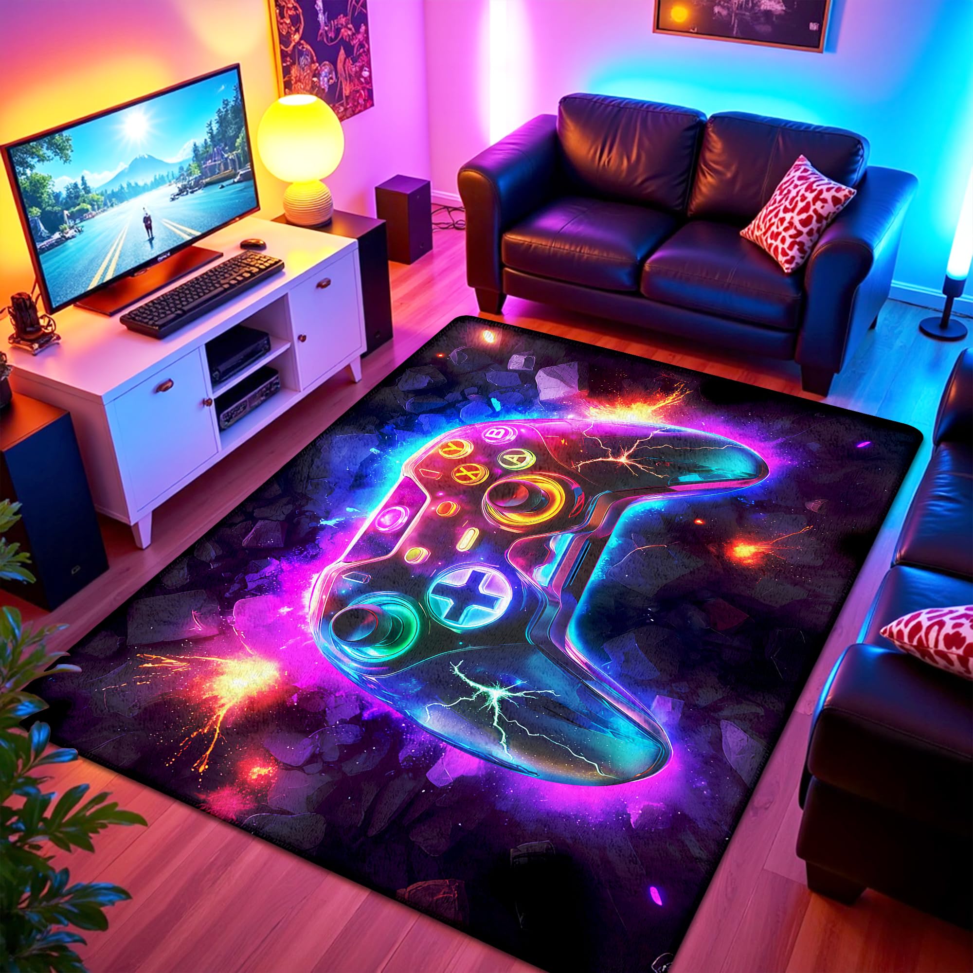 5x7 ft Neon Gaming Area Rug for Boys Room, Colorful Game Controller Carpet for Gamer Room Decor, Low Pile Non-Slip Video Game Rug for Teens Playroom or Game Zone - 03 - Flex Gamingproduct_type