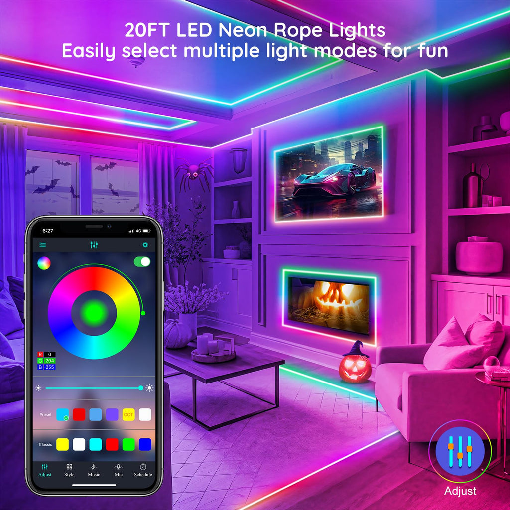 FBZ 200Ft Led Rope Lights, Flexible Neon Lights Control with App/Remote, Multiple Modes, IP65 Outdoor RGB Waterproof, Music Sync Gaming Light Strip for Bedroom Decor (200FT)