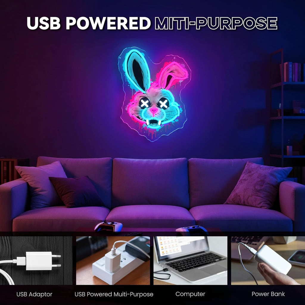 Bunny Neon Sign, Rabbit Neon Signs for Wall Decor, Dimmable Acrylic Neon Lights for Room Bedroom Game Room Club Bar Party Decorations, Perfect Gifts