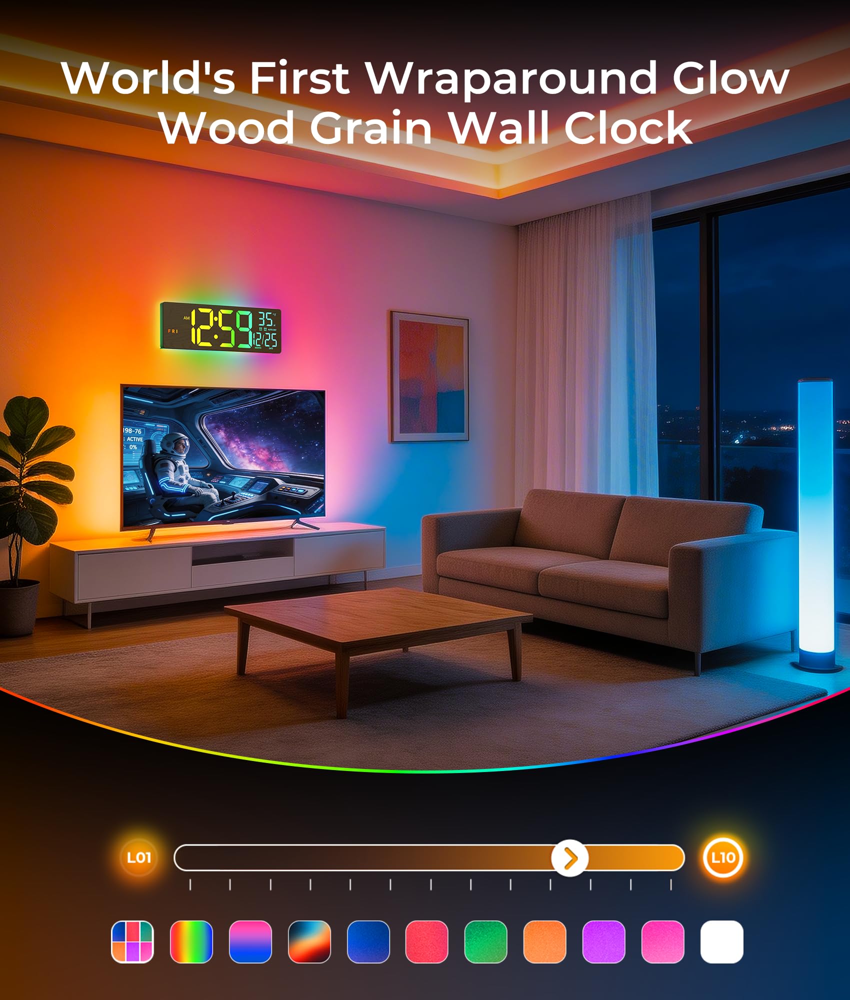 EASYERA 16.5" Large Digital Wall Clock with BT Sync, RGB Lights with 11 Scenes Mode Remote Control, Dual Alarms with Big LED Display, Auto DST, Temperature for Classroom Gaming - Flex Gamingproduct_type