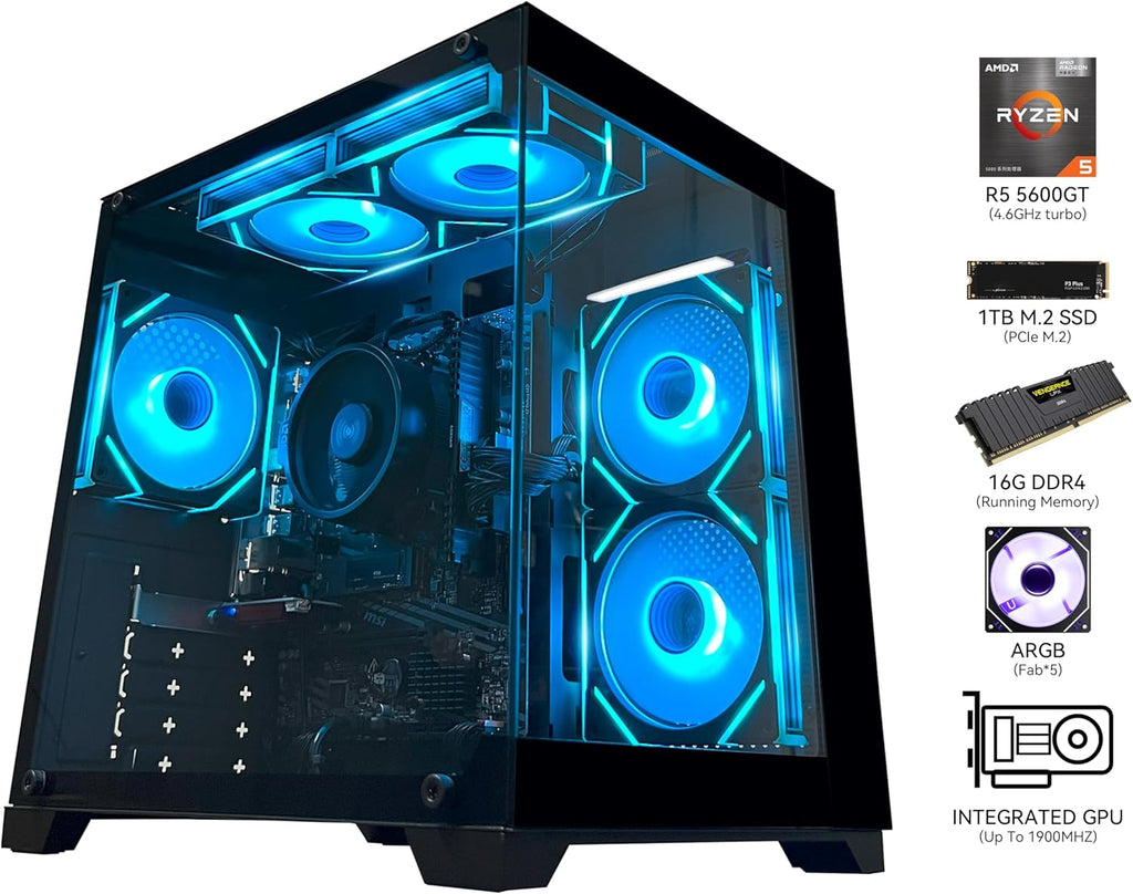 YAWYORE Gaming PC Desktop Computer AMD R5 5600GT 16GB 1TB NVMe Towers WiFi | 16GB DDR4 3200MHz, 1TB M.2 NVMe PCIe, 550W 80PLUS PSU, WiFi BT, Game Design Office Console - Flex Gamingproduct_type