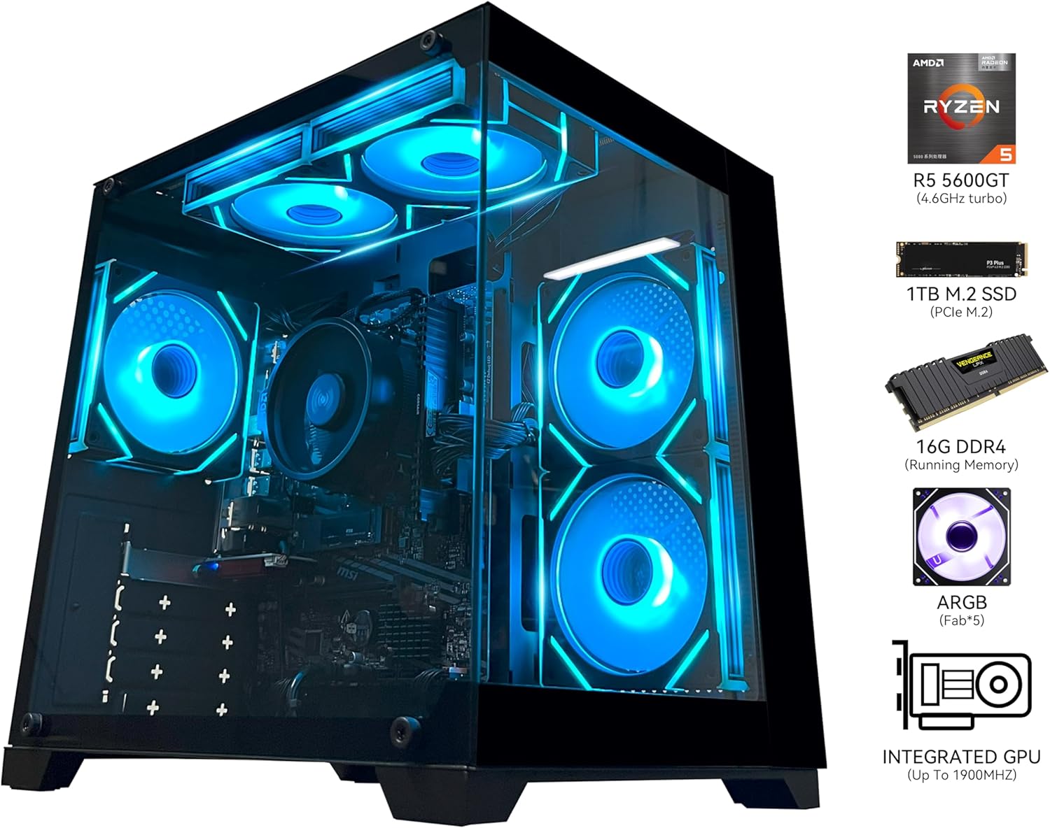 YAWYORE Gaming PC Desktop Computer AMD R5 5600GT 16GB 1TB NVMe Towers WiFi | 16GB DDR4 3200MHz, 1TB M.2 NVMe PCIe, 550W 80PLUS PSU, WiFi BT, Game Design Office Console - Flex Gamingproduct_type