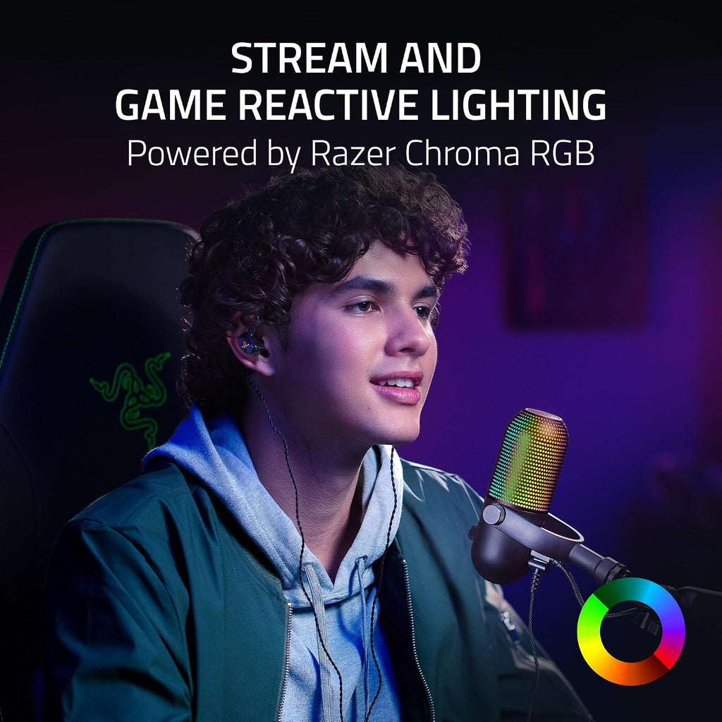 Razer Seiren V3 Chroma RGB, Stream & Game Reactive, USB Microphone, Black | Tap-to-Mute Sensor, Condenser Mic, Digital Gain Limiter & Shock Absorber, Works with OBS, Discord, Zoom, Teams
