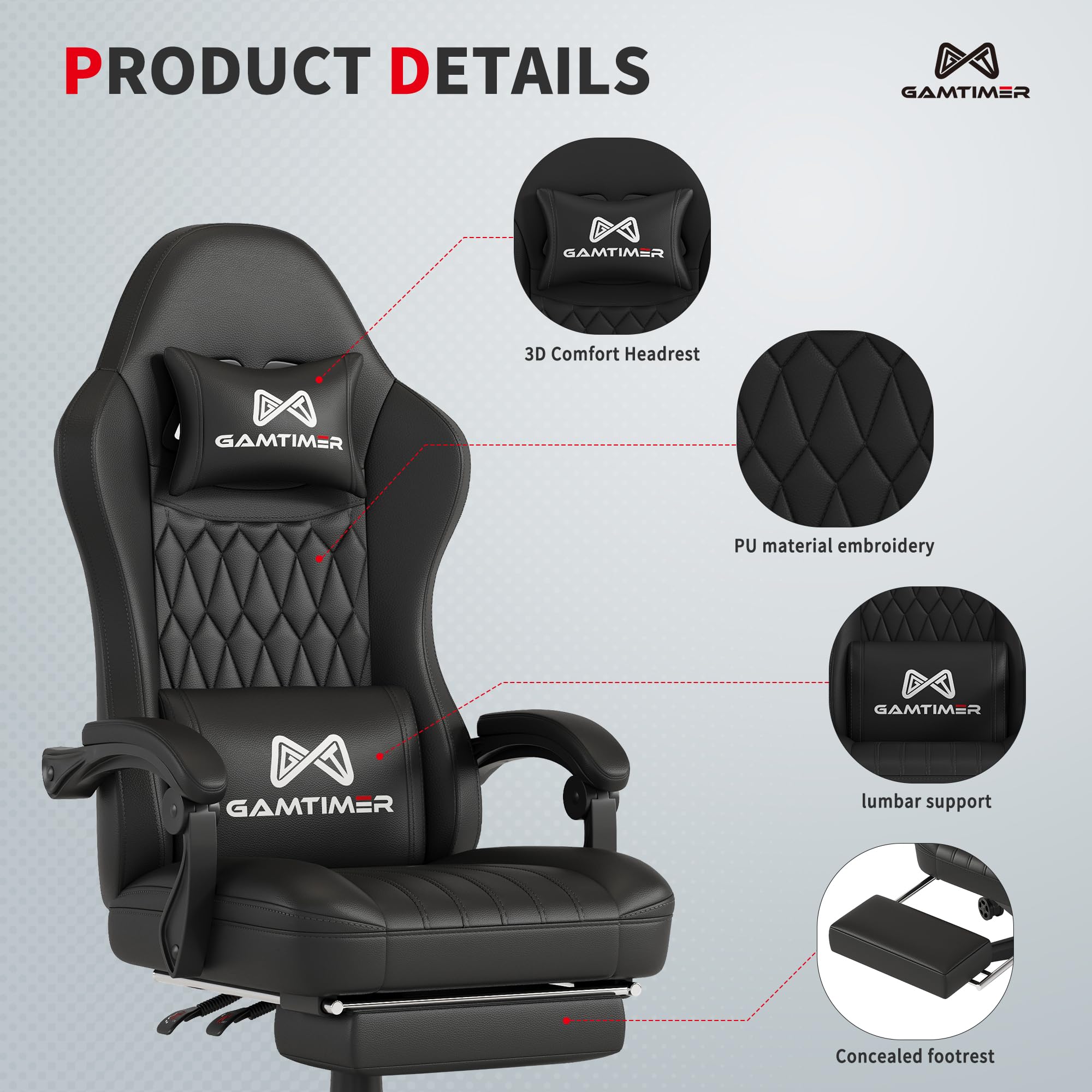 Gamtimer Gaming Chair with Footrest, Ergonomic Computer Chair, PU Breathable Material with Headrest and Lumbar Support, Suitable for Silla Gamer and Adults（Grey） - Flex Gamingproduct_type