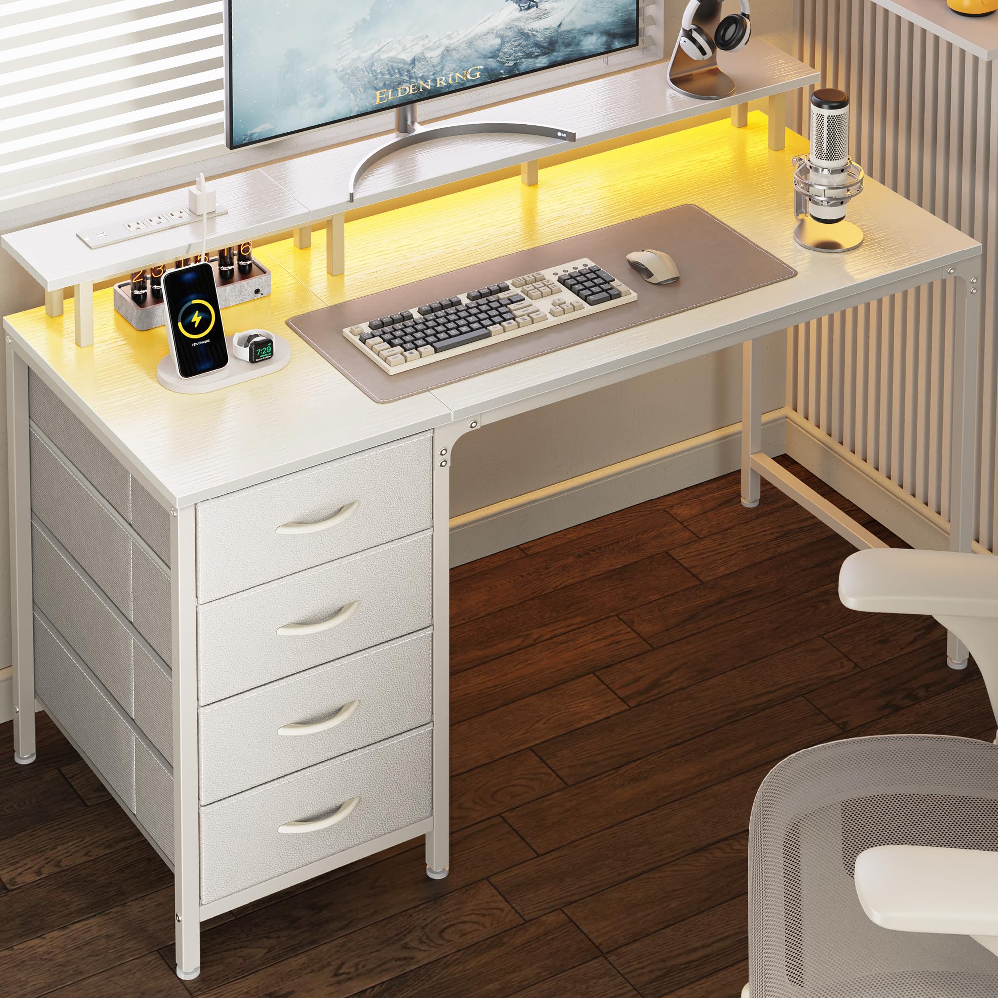 Huuger 47 Inch Computer Desk with Power Outlets and LED Lights, Gaming Desk with 4 Drawers, Office Desk with Monitor Stand, Study Work Home Office, Small Spaces, Black - Flex Gamingproduct_type